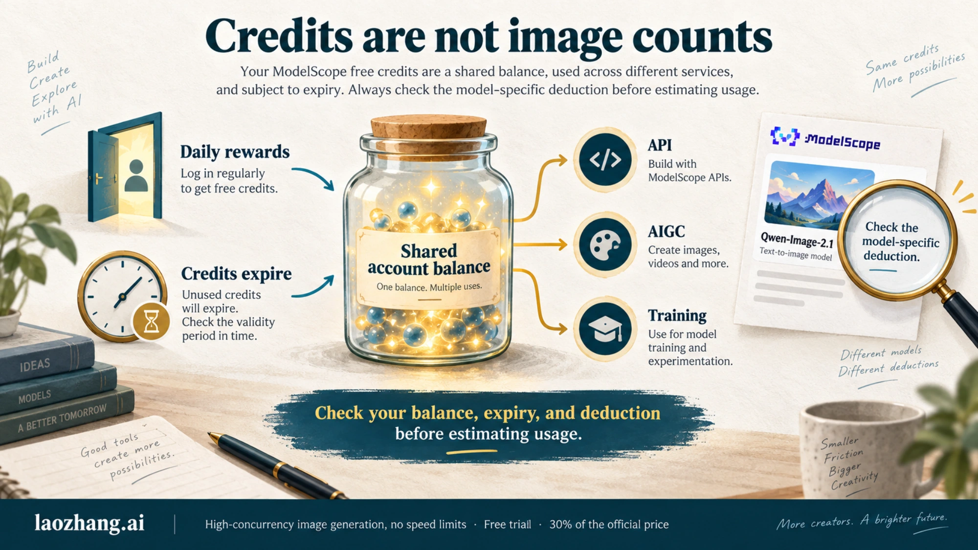 Illustration of daily credits flowing into a shared ModelScope balance, with expiry and model-specific deductions