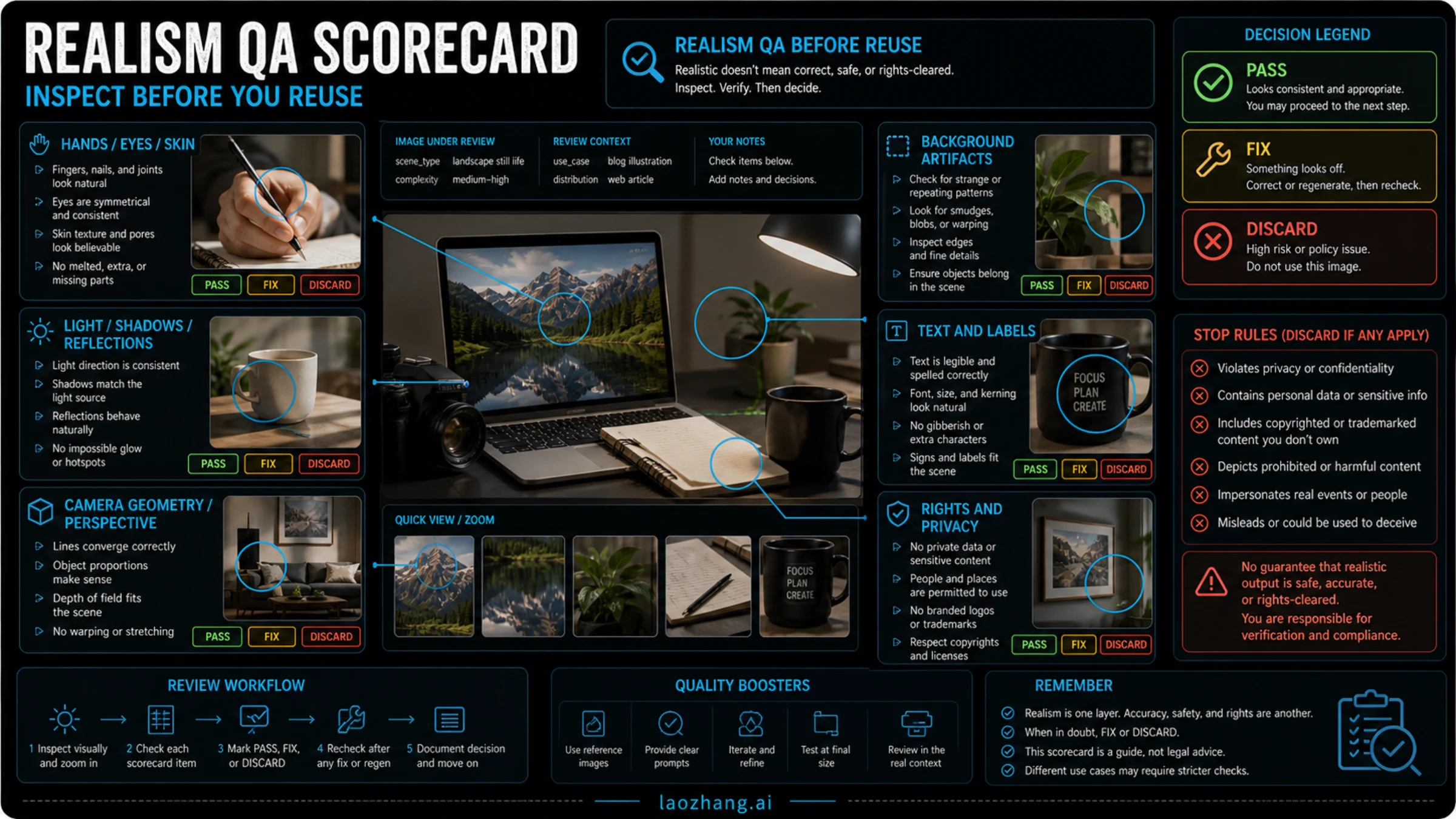 Realism QA scorecard for inspecting hands, eyes, lighting, perspective, text, rights, and privacy before reuse