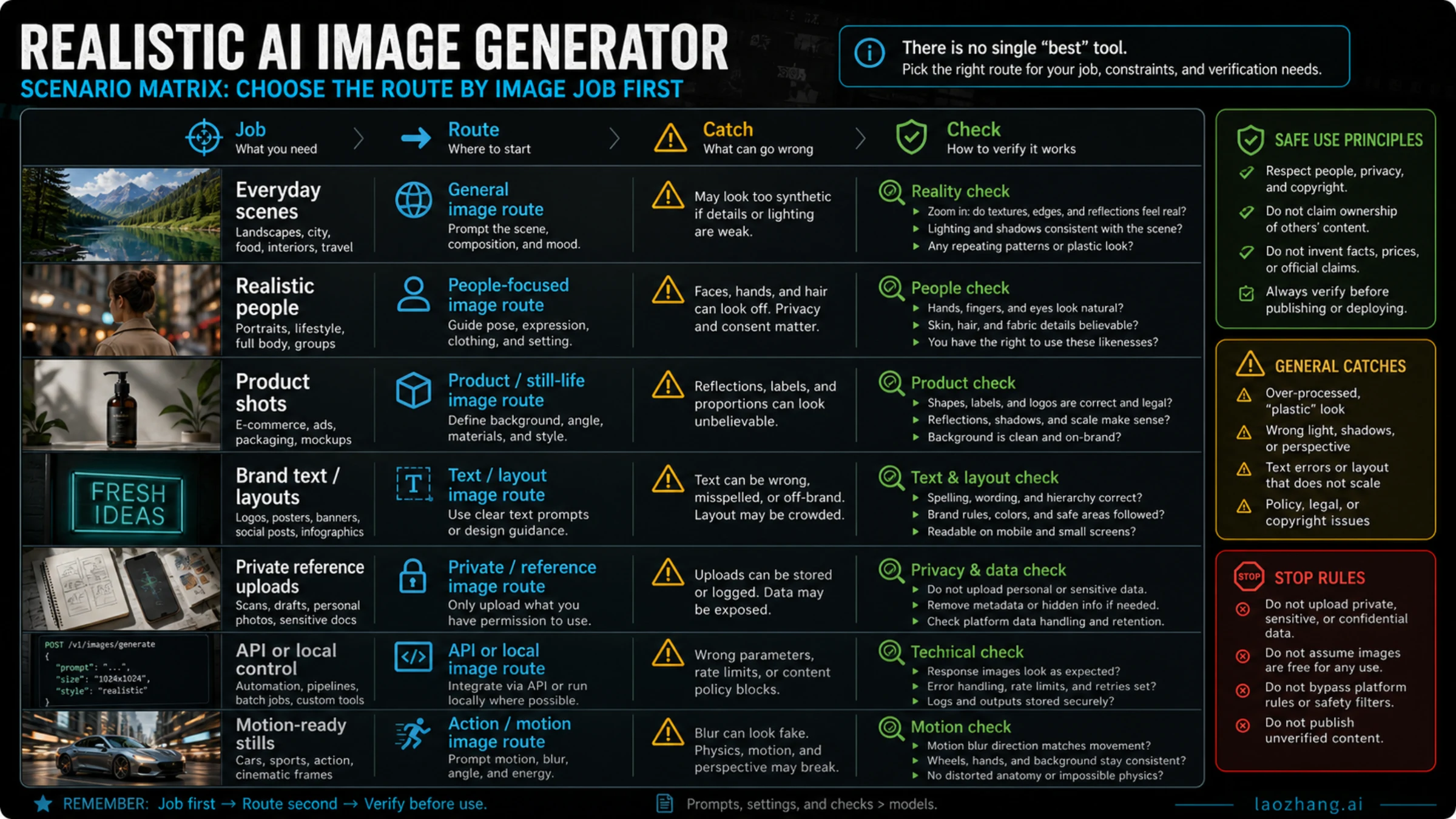 Scenario matrix for choosing a realistic AI image route by job, catch, and verification check