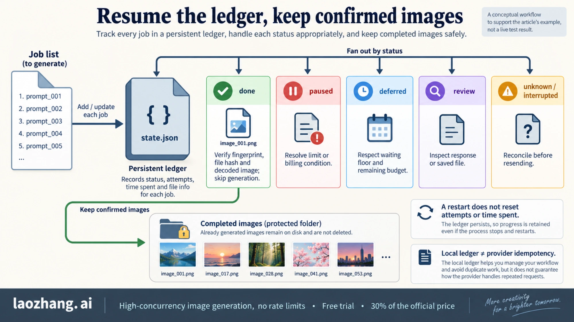 Image-job ledger statuses and the workflow for verifying and skipping completed files