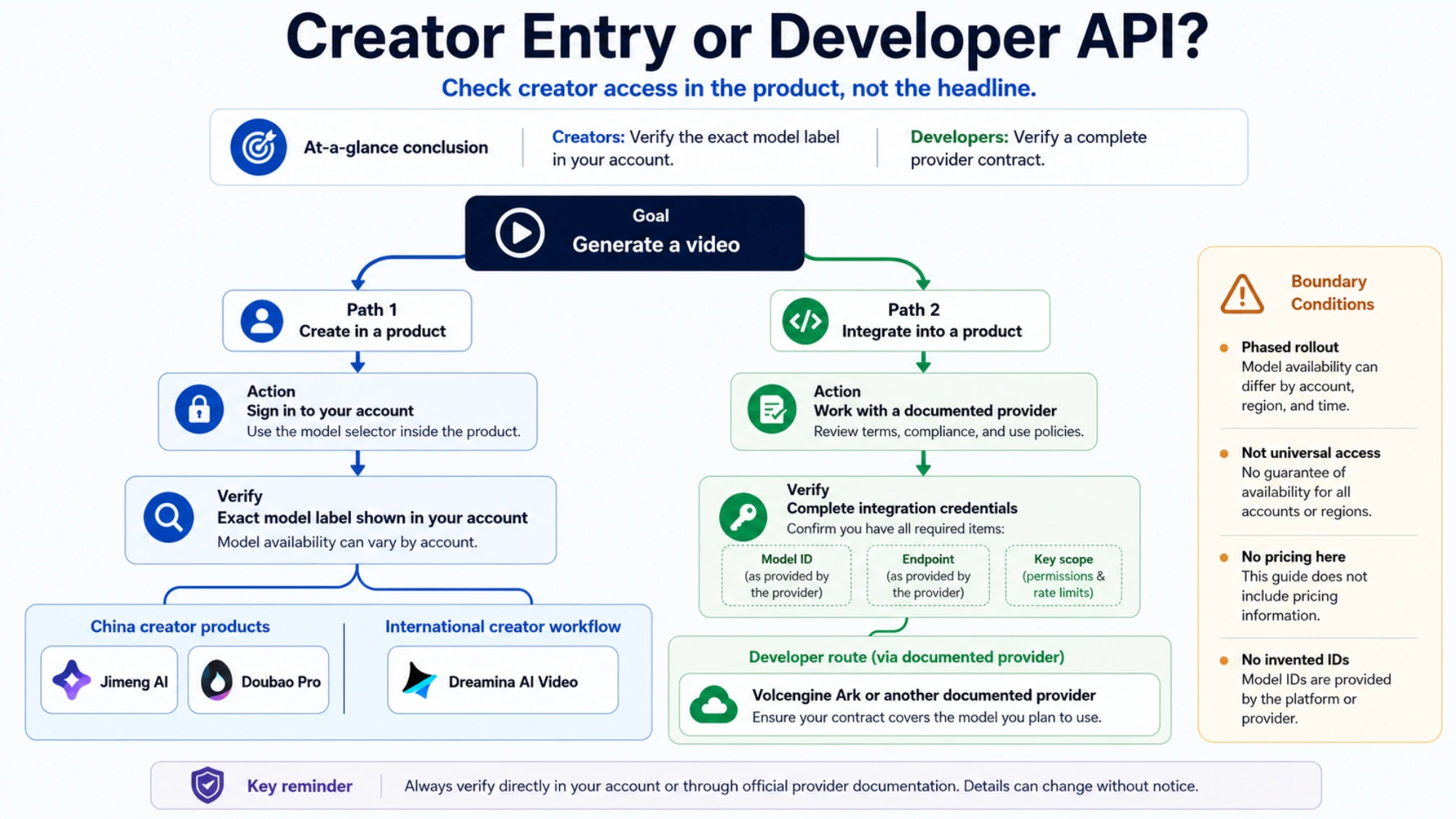 Decision flow for choosing a Seedance 2.5 creator entry point or developer route