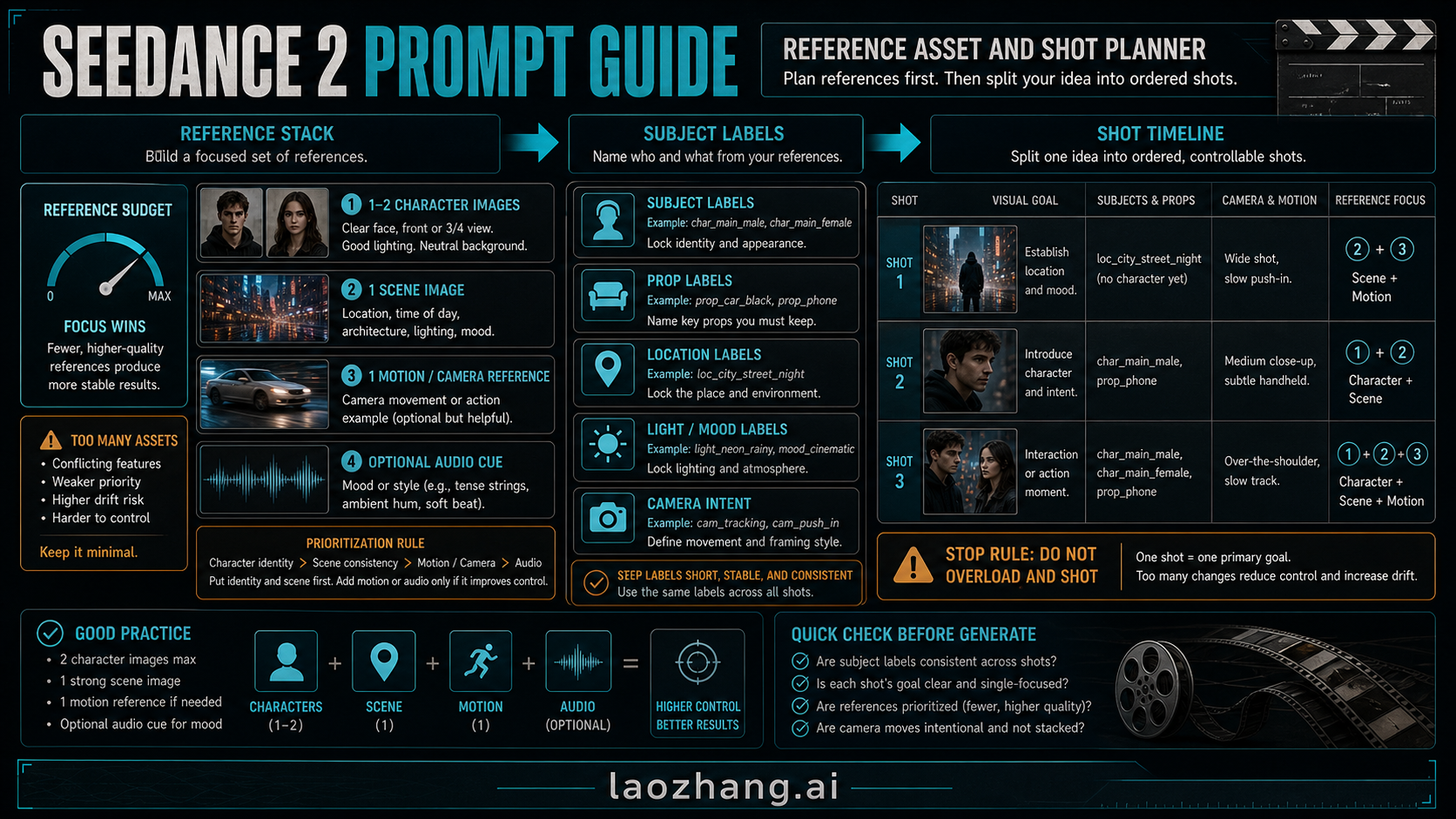 Seedance 2 reference asset and shot planner showing reference budget, subject labels, and shot timeline