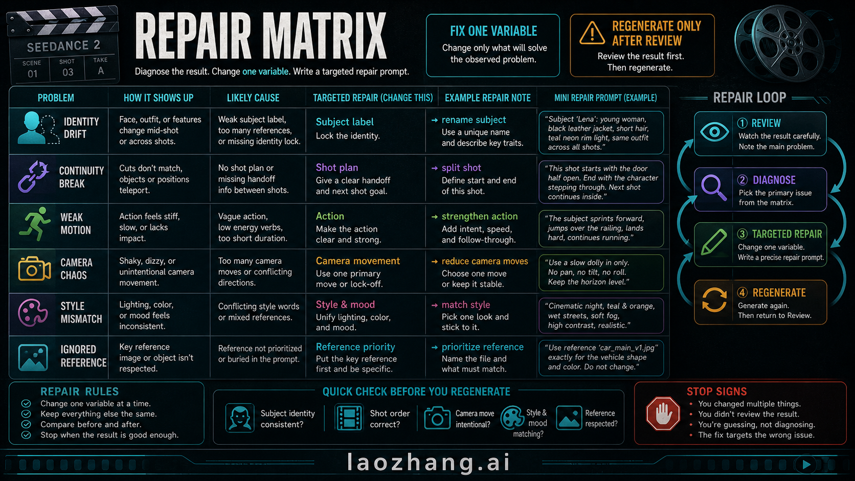 Seedance 2 repair matrix for identity drift, continuity breaks, camera chaos, and ignored references
