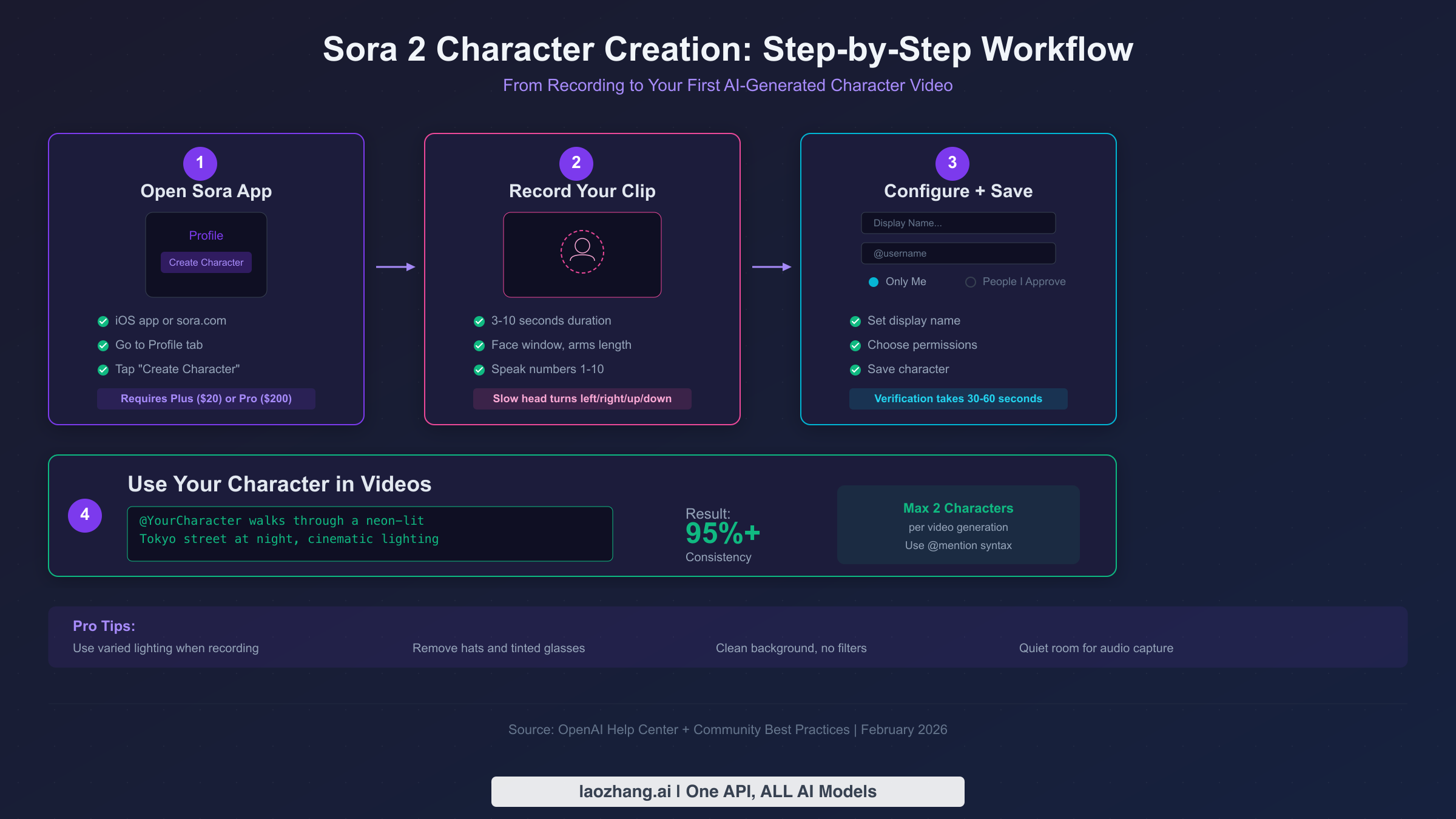 Step-by-step workflow showing the four stages of creating a character in Sora 2 from recording to video generation