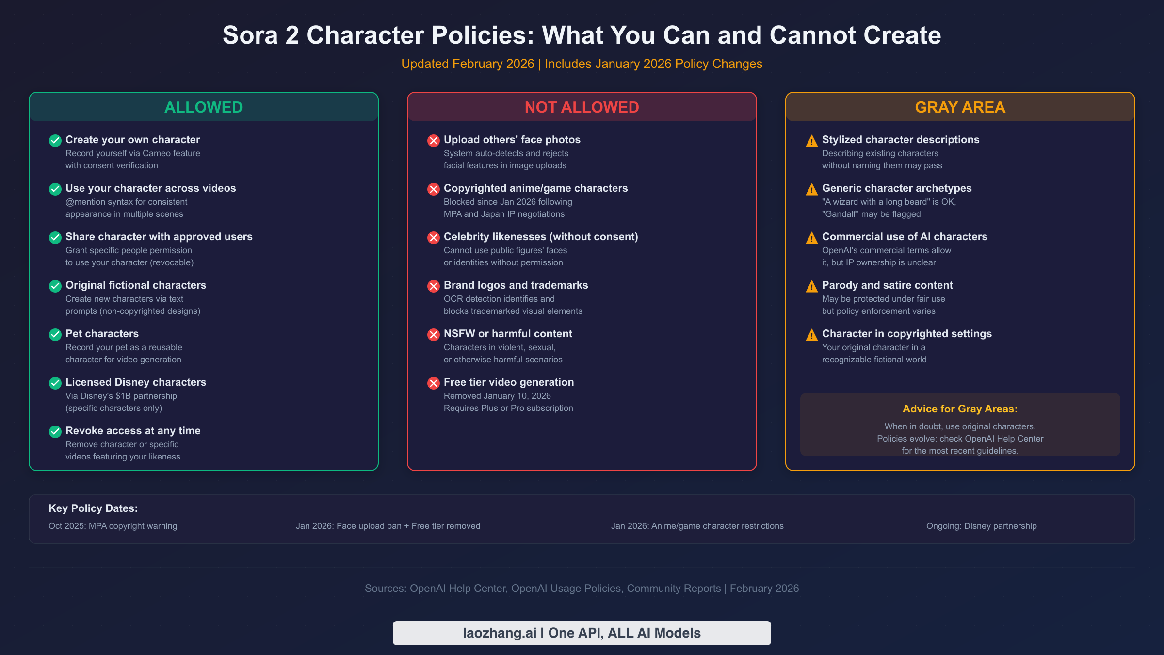 Three-column overview of Sora 2 character policies showing what is allowed, not allowed, and gray areas