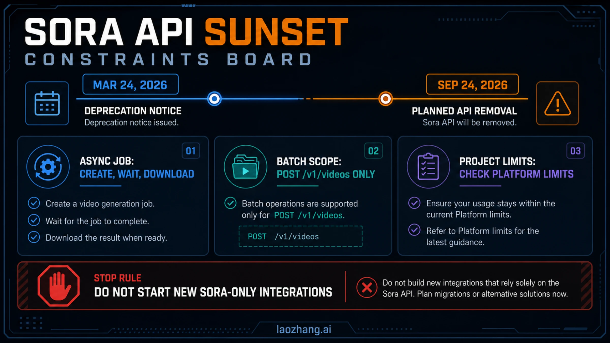 Sora API sunset constraints board with removal date, async jobs, Batch scope, and migration stop rule
