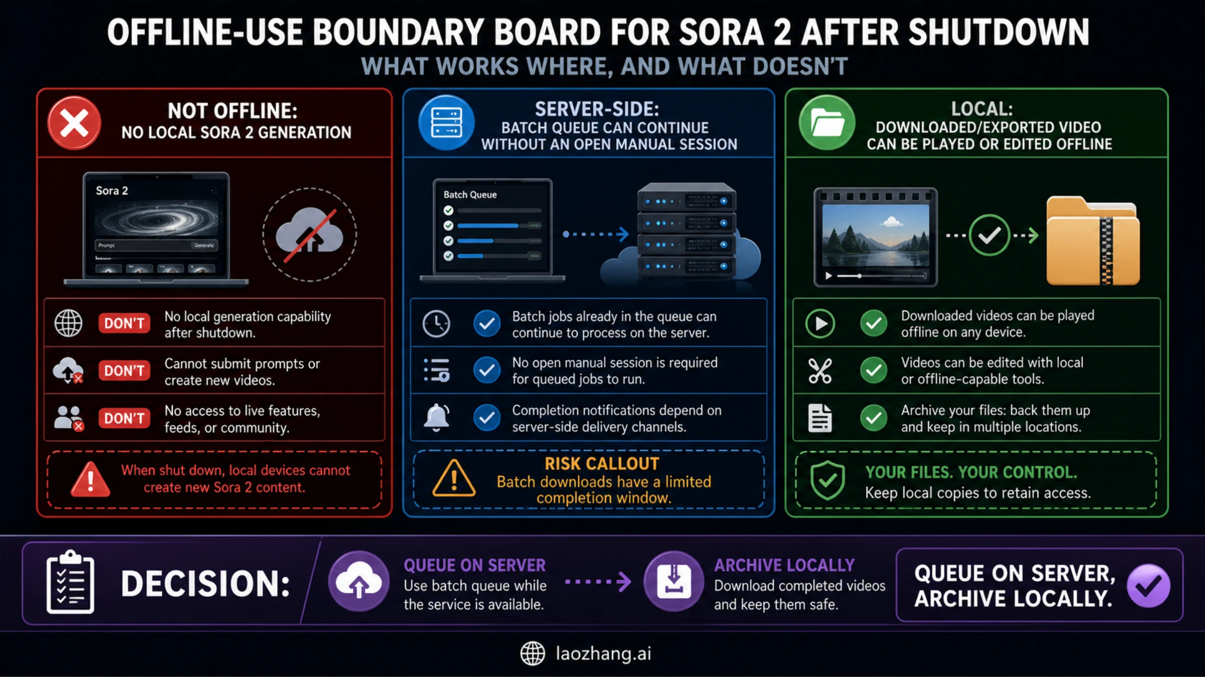 Offline-use boundary board separating local Sora generation, Batch queueing, downloaded playback, and download-window risk