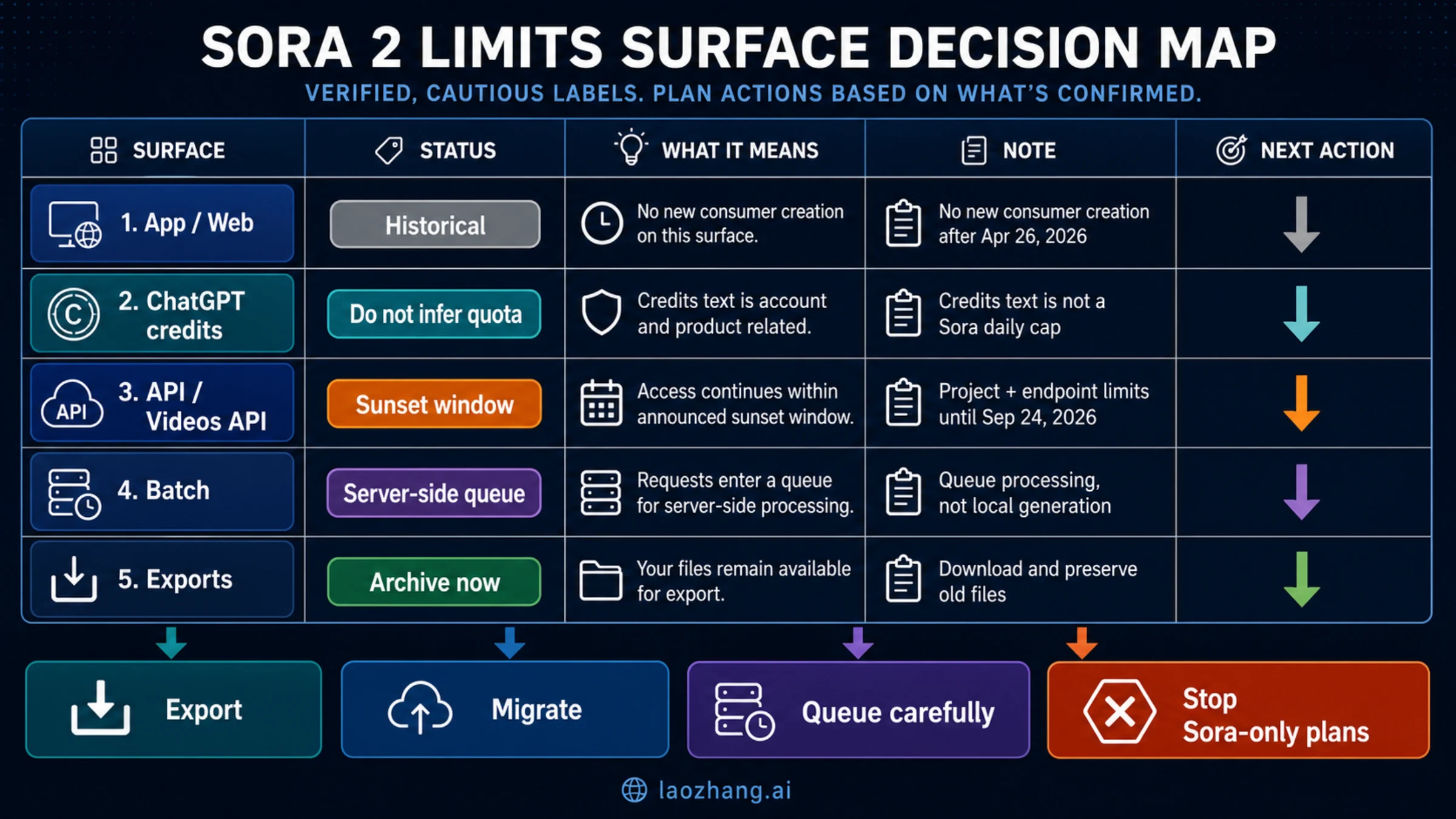 Surface map showing which Sora 2 limits are historical, API-bound, export-only, or migration actions