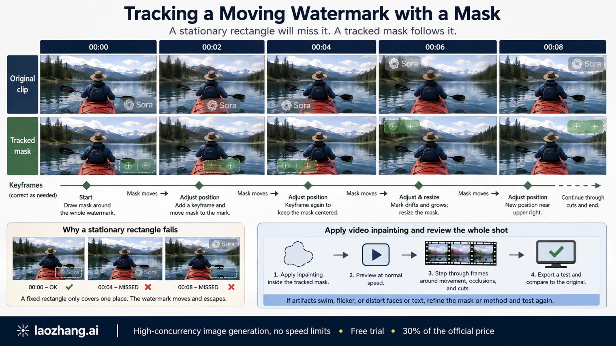 Illustrated frame sequence showing a tracking mask following a moving watermark with keyframe adjustments