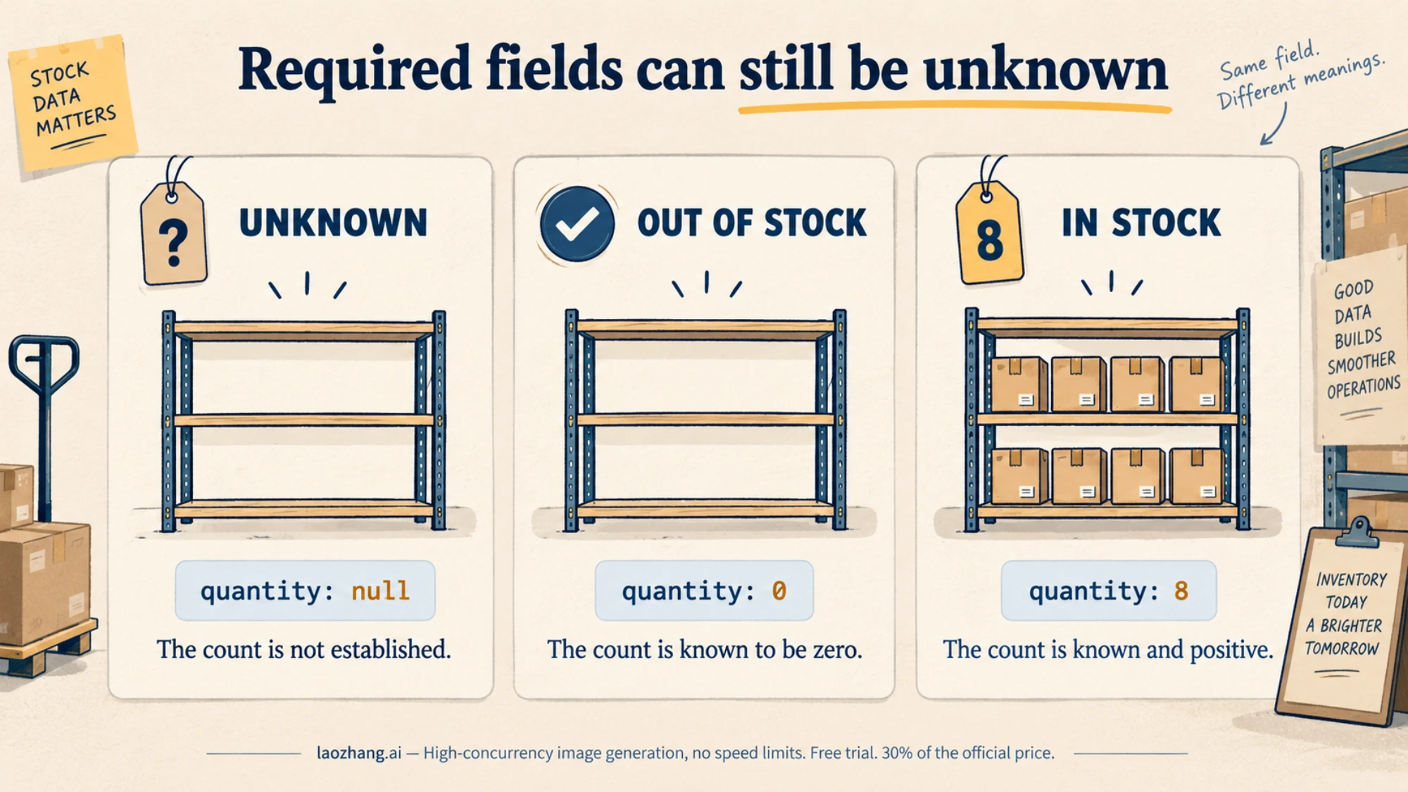 Illustration contrasting an unknown stock count with confirmed zero and positive stock counts