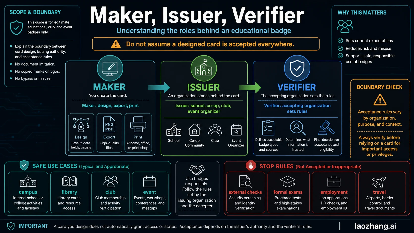 Maker issuer verifier boundary map explaining that design output does not create universal student ID acceptance