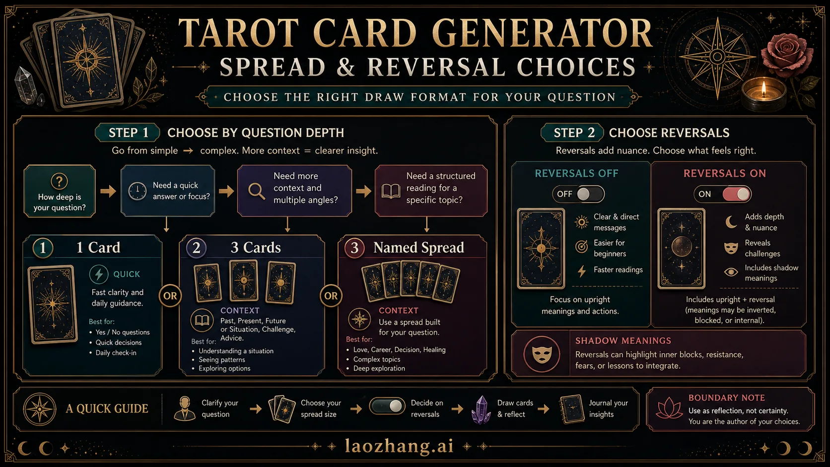 Decision map comparing one-card draws, three-card spreads, named spreads, and reversal settings.