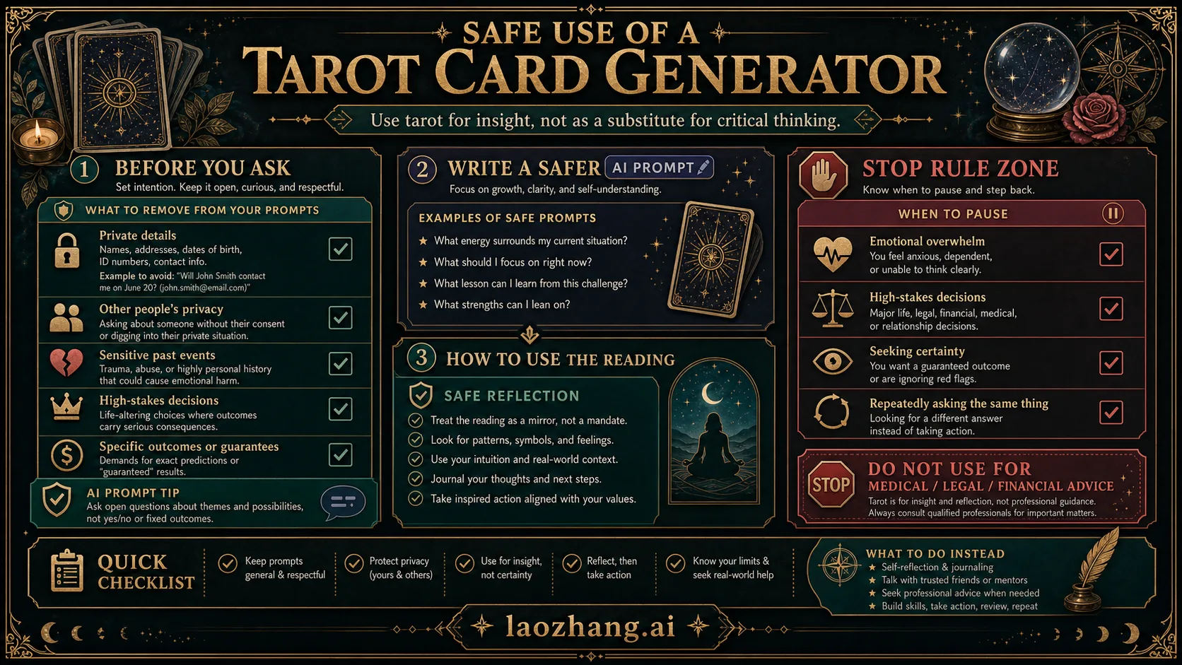 Safety checklist for removing private details and avoiding high-stakes reliance on tarot outputs.