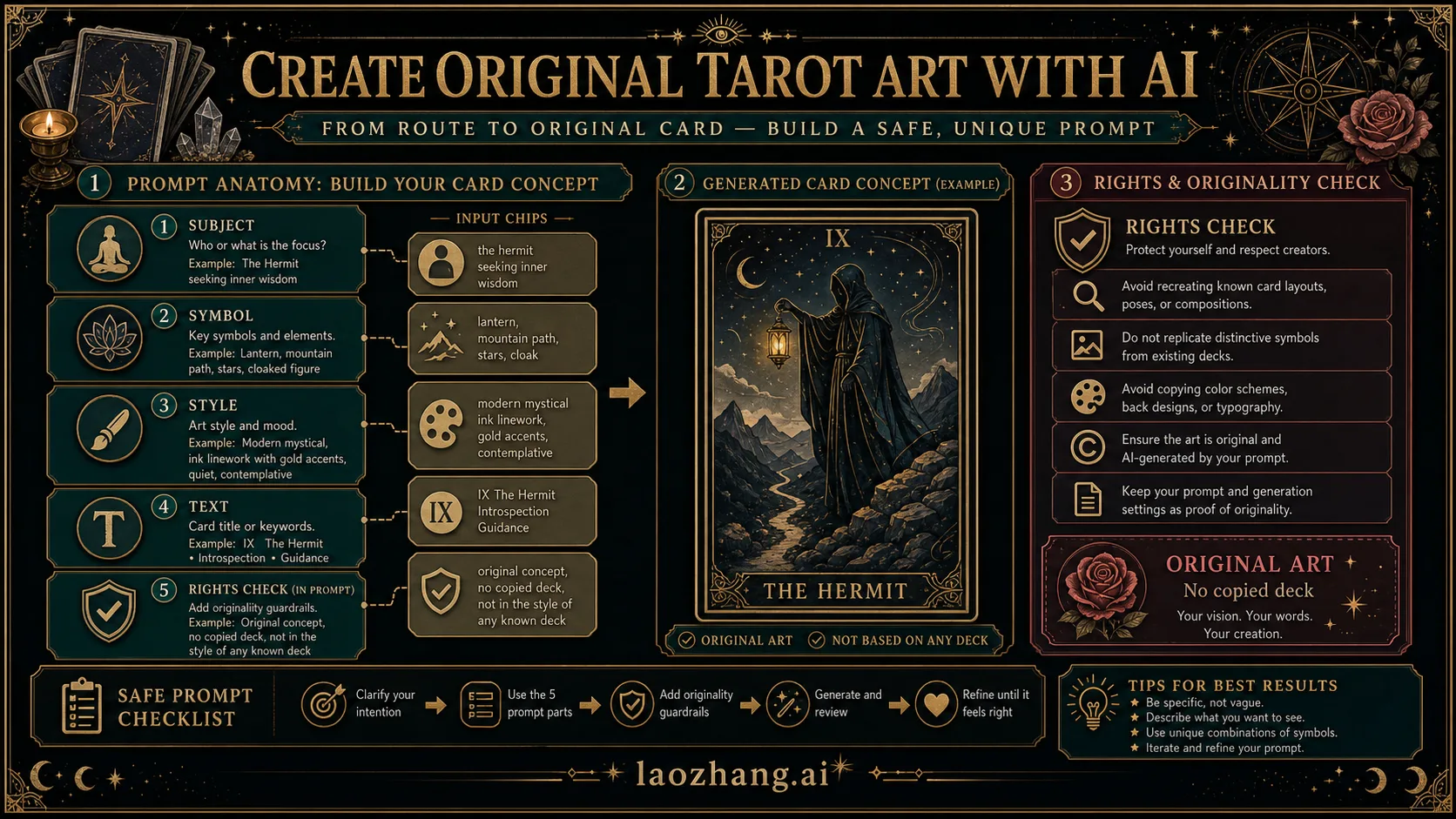 Prompt anatomy board for creating original tarot-style card art without copying a deck.
