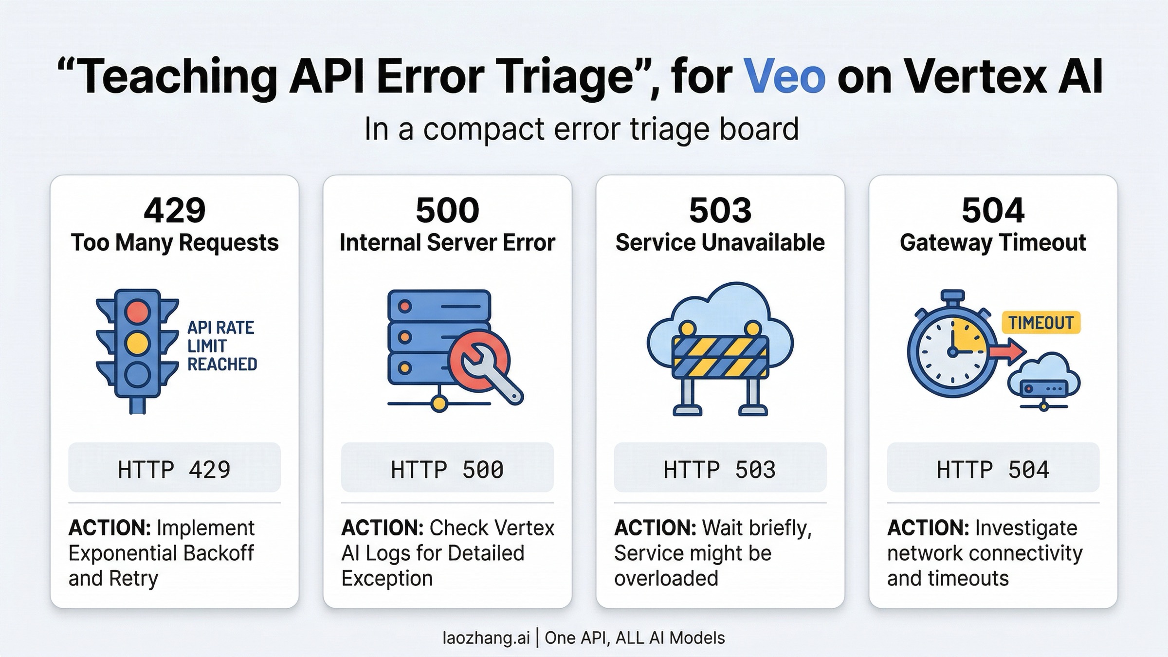 Vertex API triage ladder showing 429 quota or overload, 500 internal, 503 unavailable, and 504 deadline exceeded with the right next action