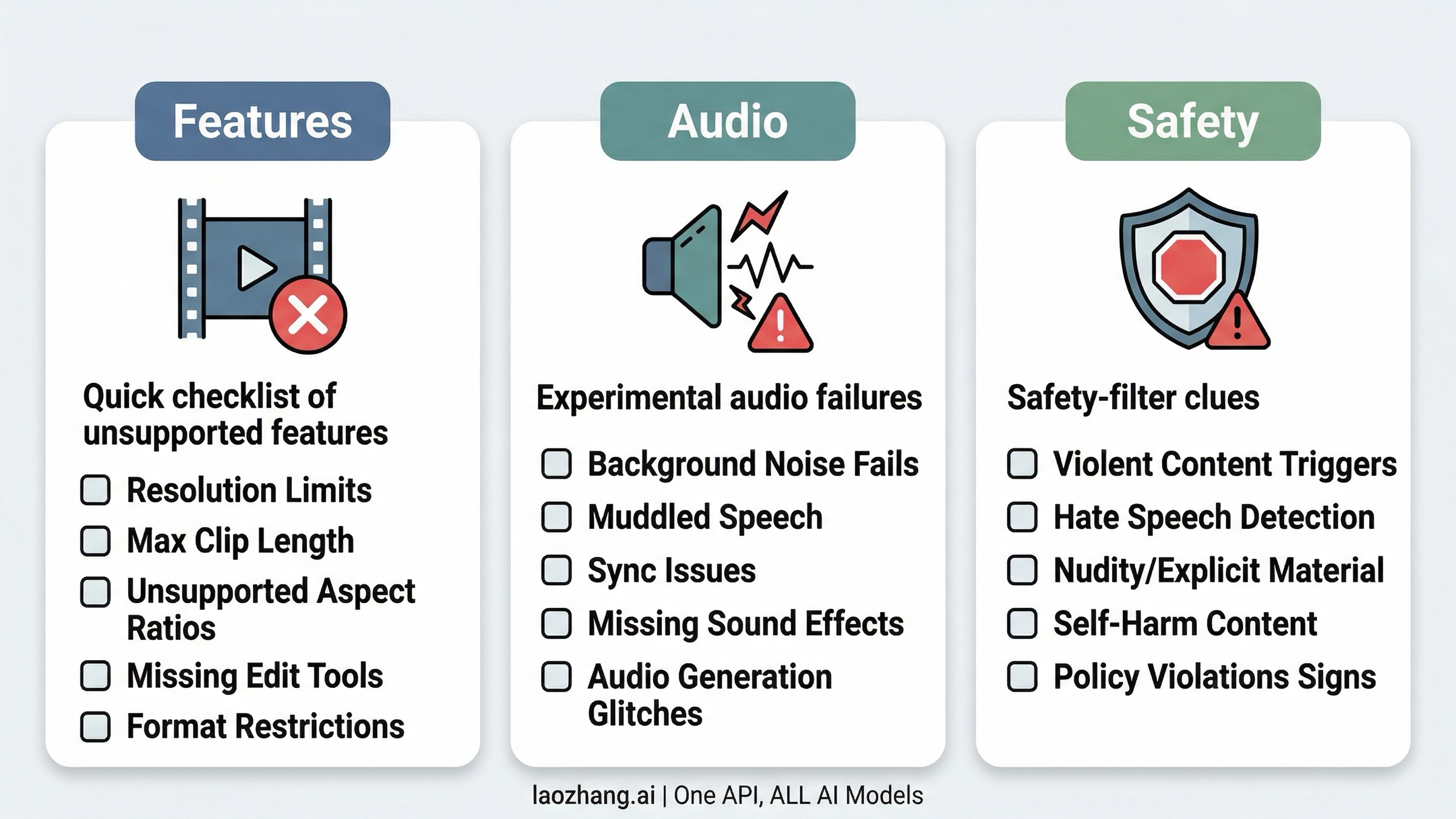 Feature checks board for Veo 3.1 showing landscape-only extend, no camera control, and audio-first isolation steps