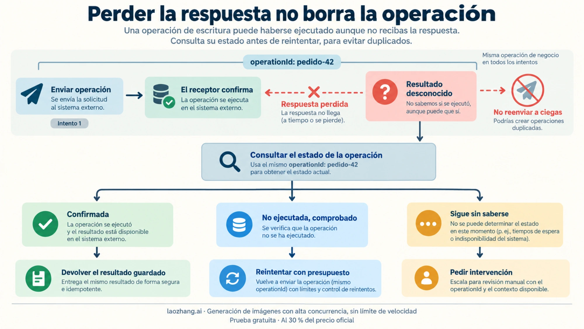 Una respuesta perdida exige consultar la operación: recuperar el resultado confirmado, reintentar solo si no se ejecutó o pedir intervención si sigue sin saberse.