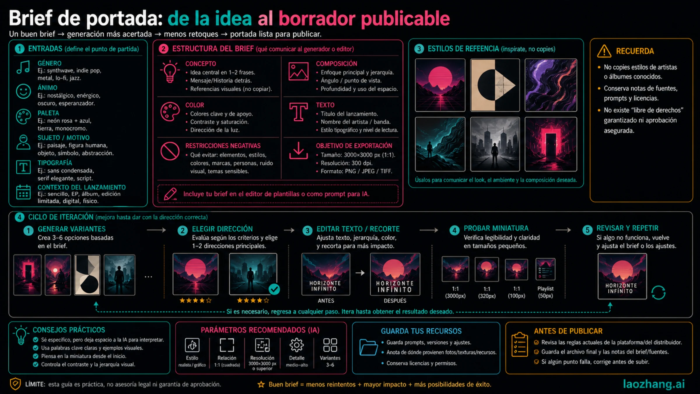 Flujo de brief para portada de álbum con género, mood, sujeto, paleta, tipografía, restricciones, variantes, edición y prueba de miniatura