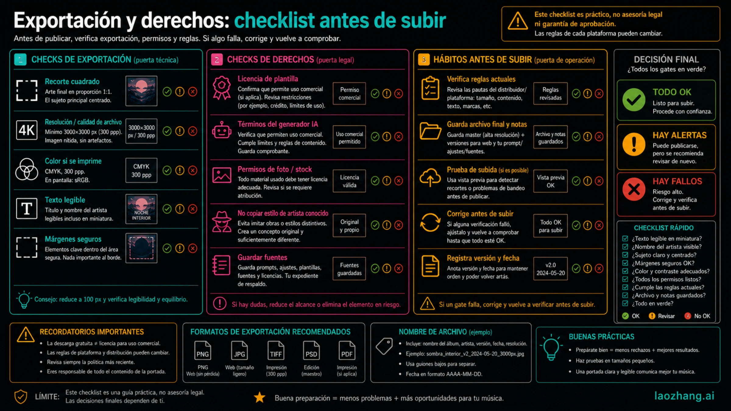 Checklist de exportación y licencia para portada de álbum: cuadrado, resolución, texto, marca de agua, licencia, source notes y reglas de plataforma