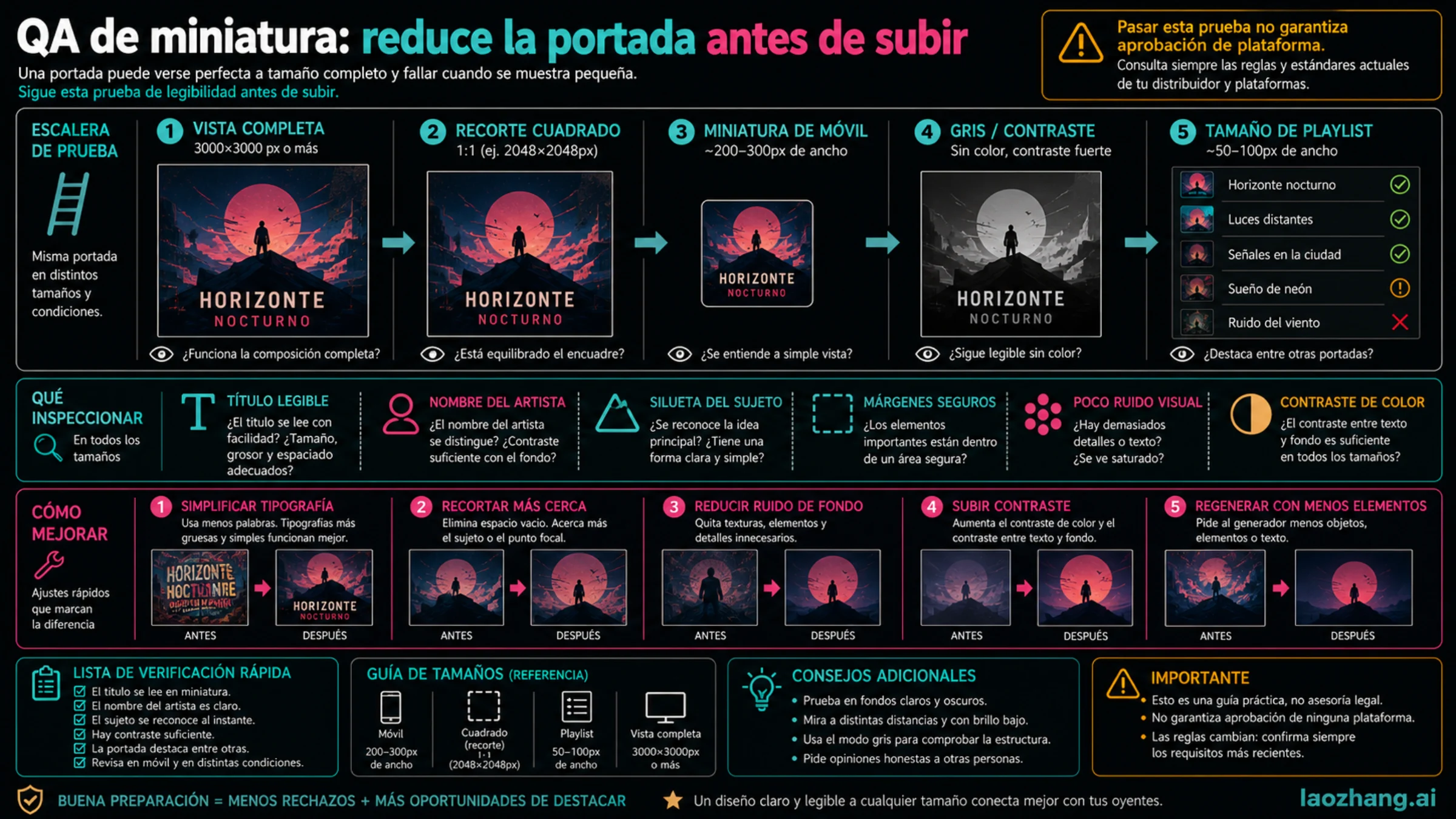 QA de legibilidad de miniatura para portadas de álbum: tamaño completo, cuadrado, móvil, escala de grises, contraste y margen seguro