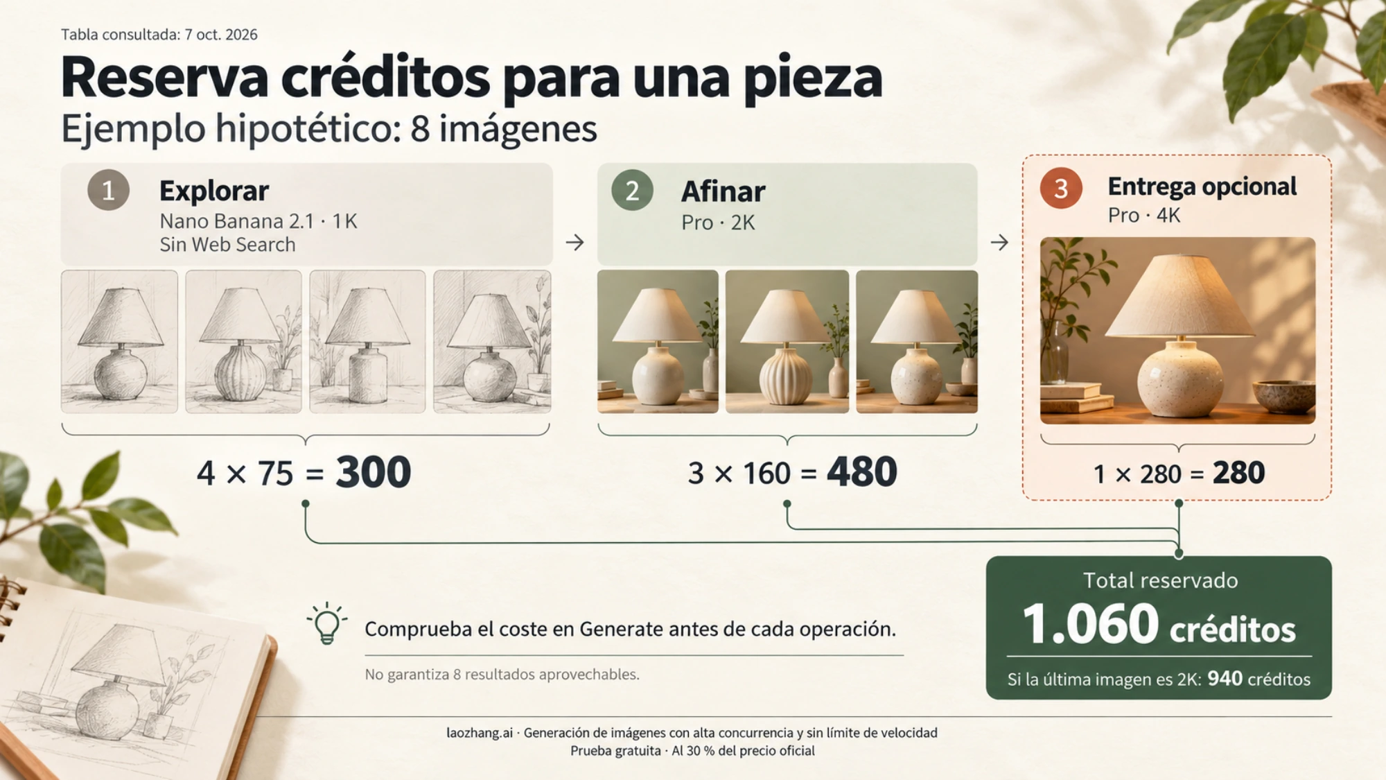 Ilustración del presupuesto hipotético de ocho imágenes, repartidas entre exploración, ajustes y una salida final opcional
