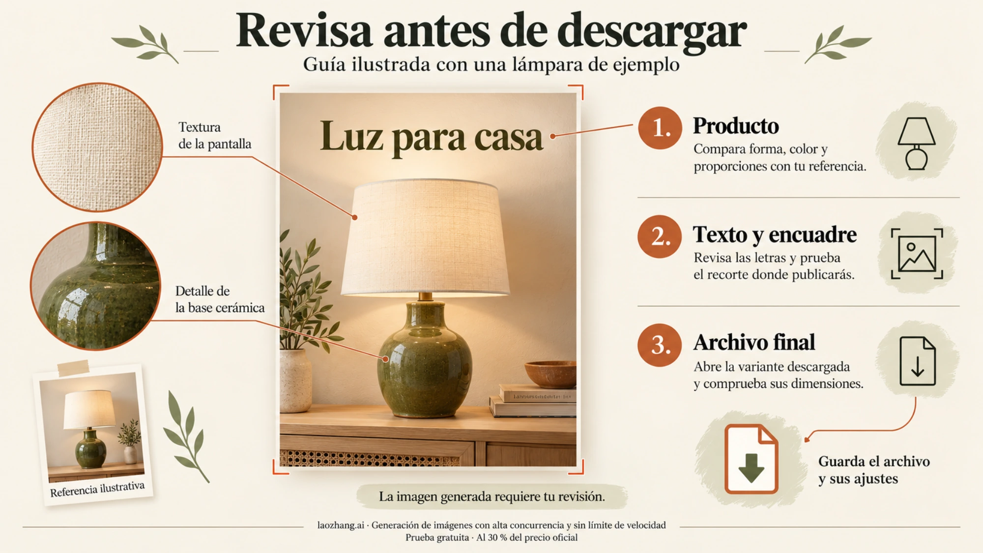 Guía ilustrada para revisar el producto, el texto, el encuadre y el archivo de una imagen antes de utilizarla