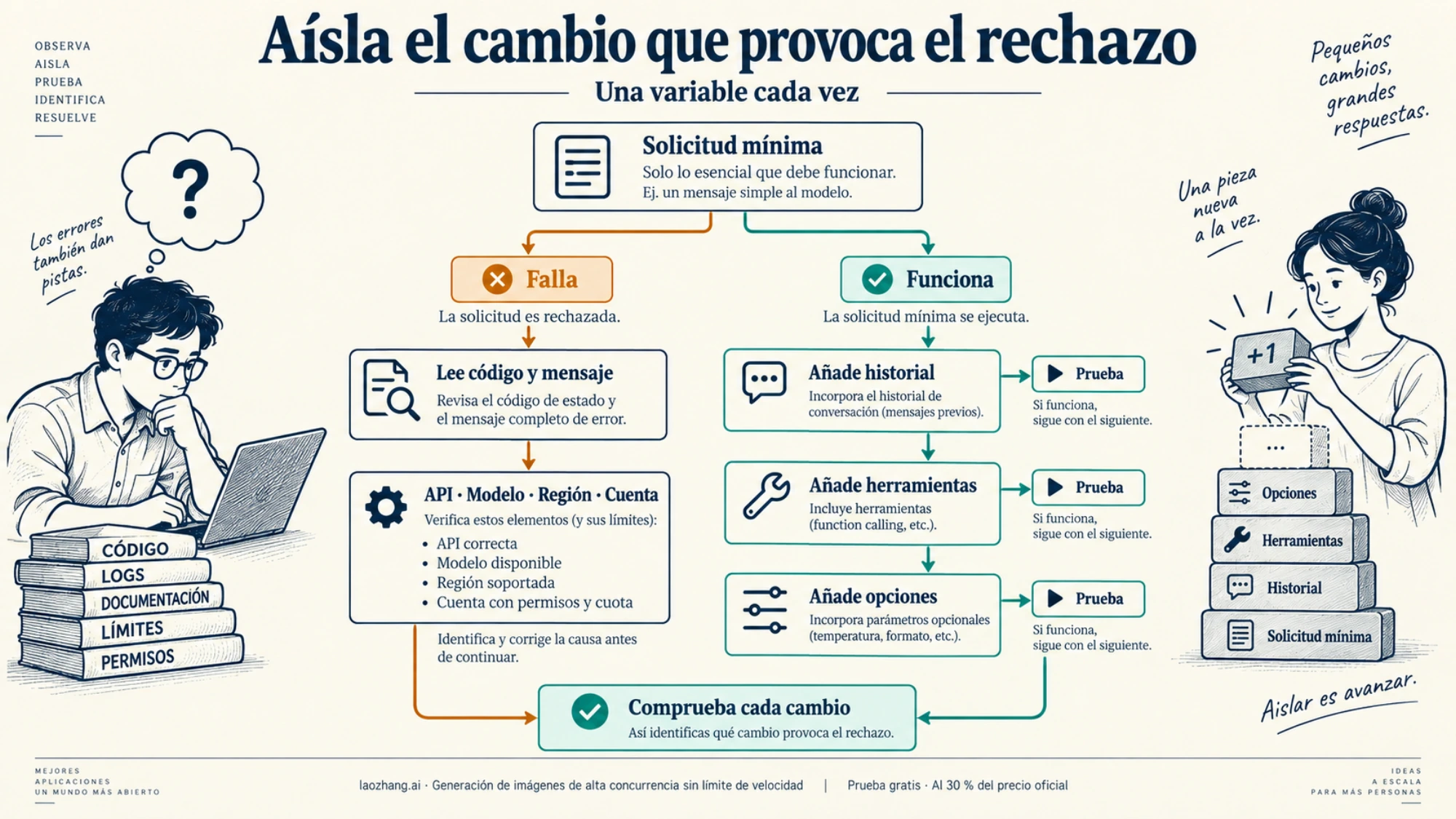 Proceso para probar una solicitud mínima y recuperar el historial, las herramientas y las opciones de una en una