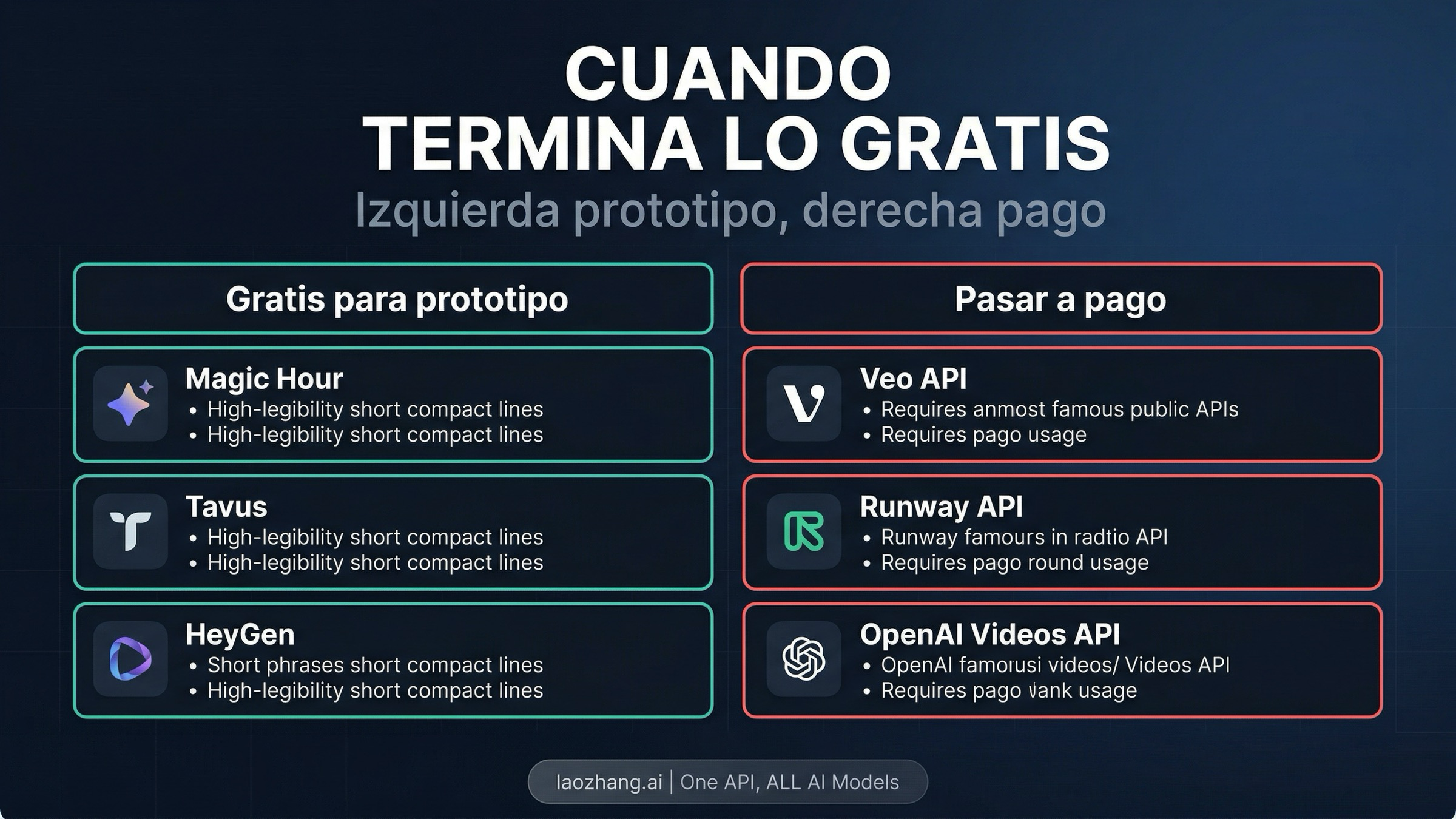 Tablero de decision con Magic Hour, Tavus y HeyGen en el lado usable-free y Veo, Runway y OpenAI en el lado paid-public