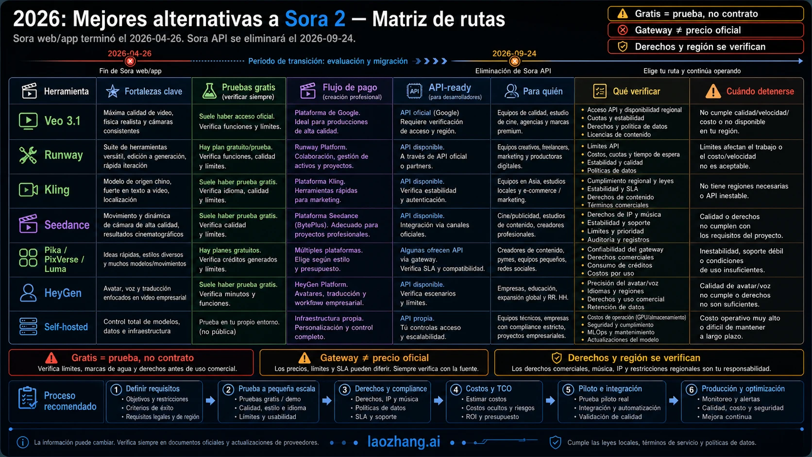 Matriz de alternativas a Sora 2 por ruta, preparación API, límites gratuitos y reglas de parada