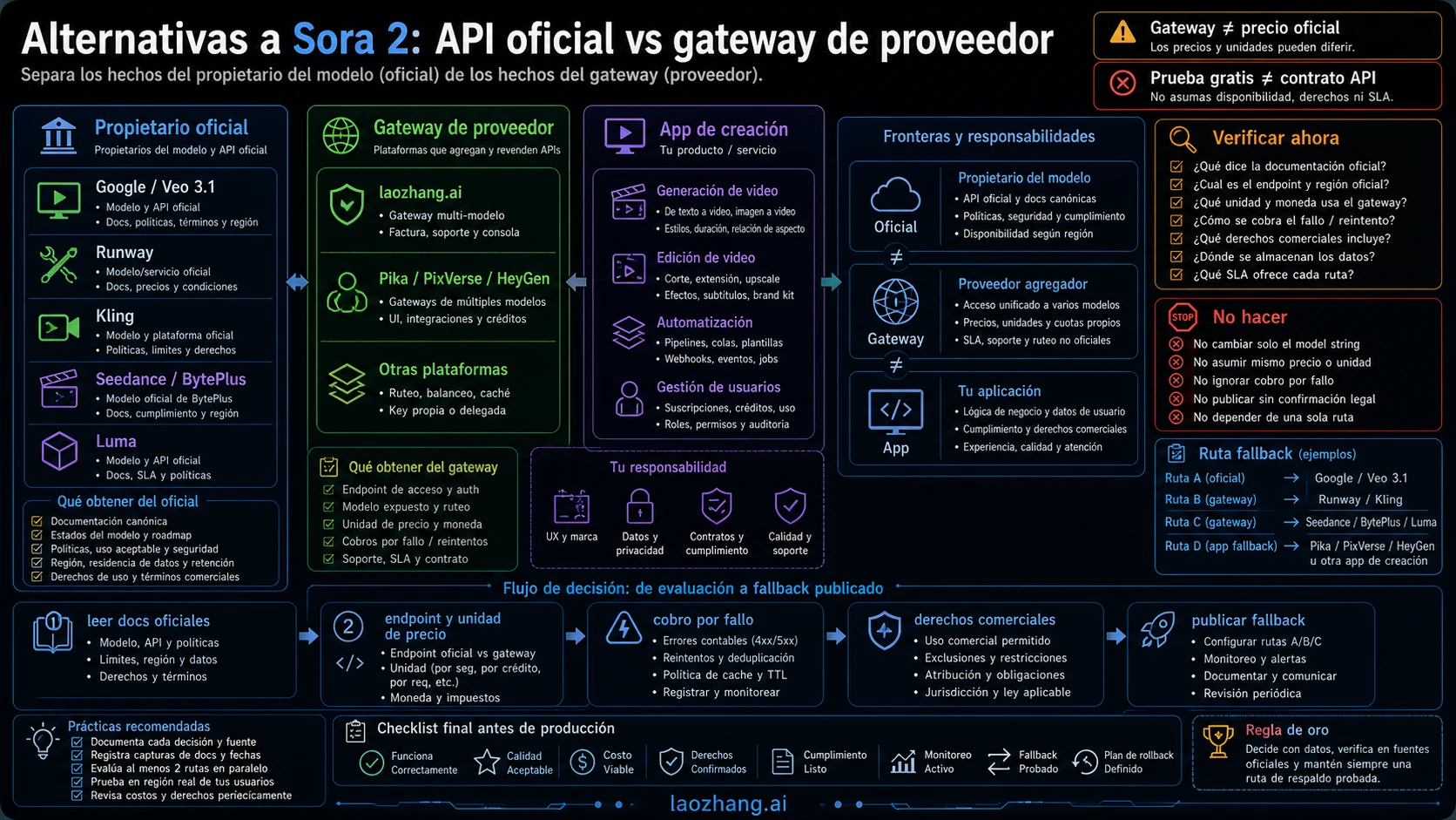 Mapa de límites entre API oficial, gateway de proveedor y UI de creación