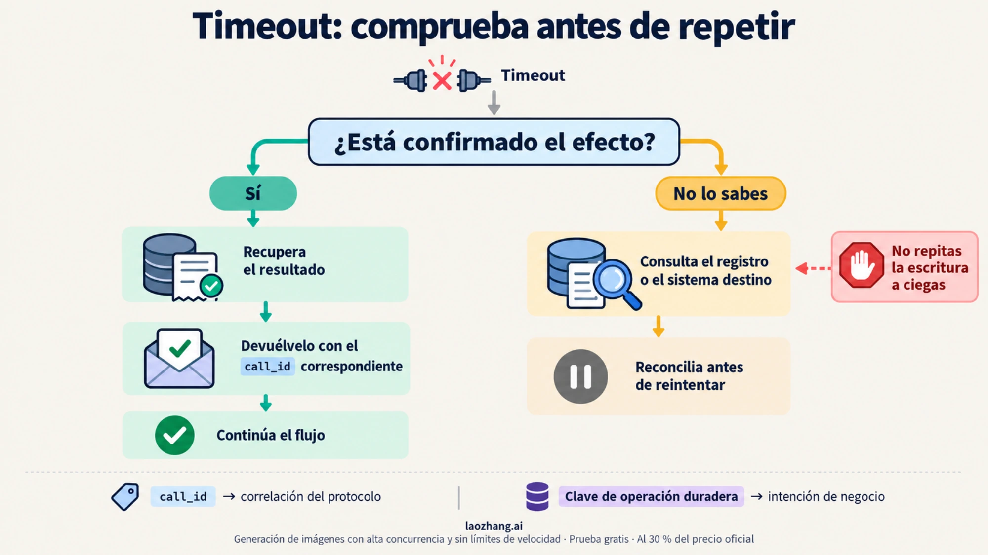 Decisión de recuperación tras un timeout: reutilizar un resultado confirmado o comprobar el efecto antes de repetir