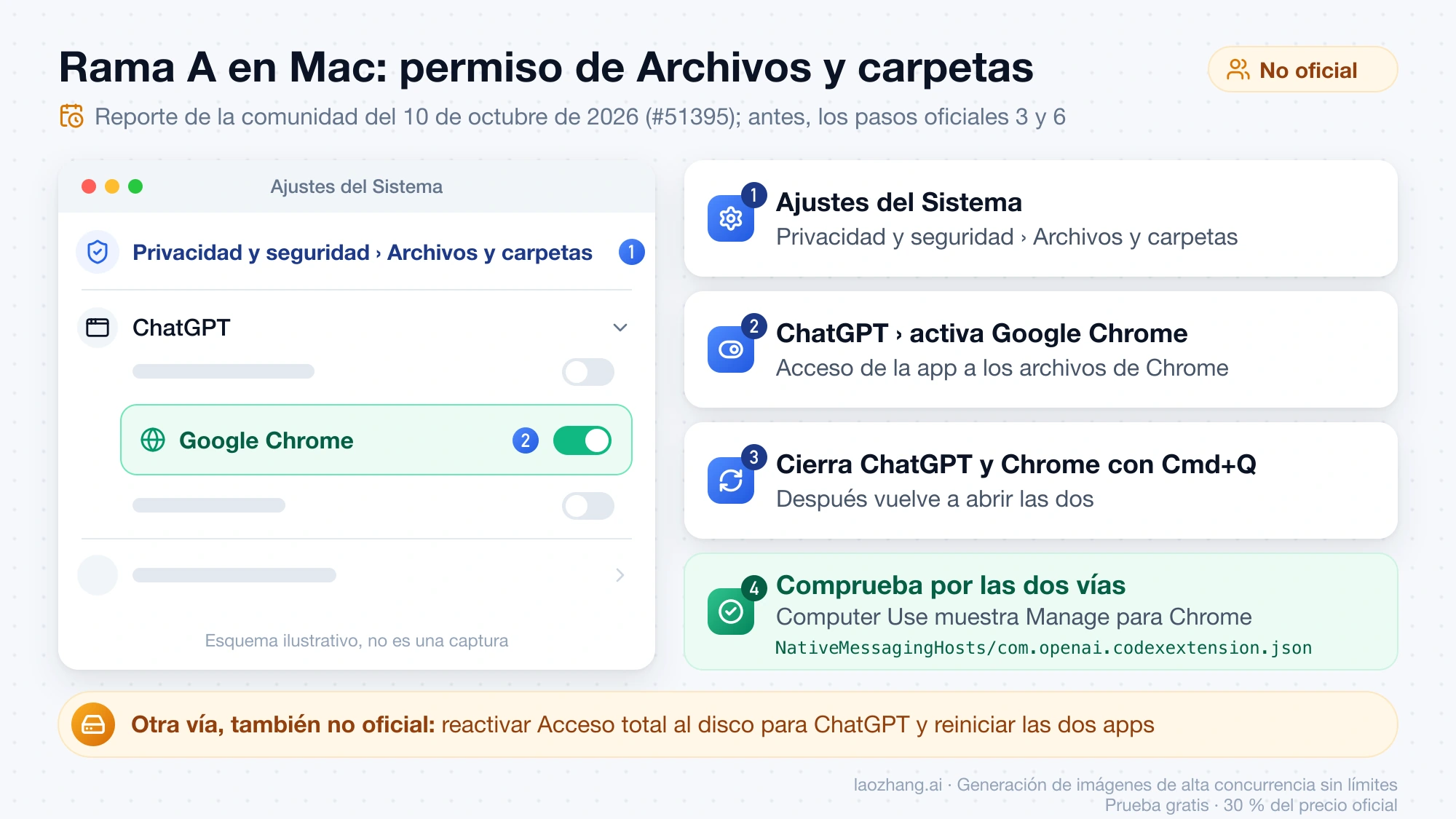 Arreglo comunitario no oficial de la rama A en Mac: Ajustes del Sistema, Privacidad y seguridad, Archivos y carpetas, activar Google Chrome bajo ChatGPT, cerrar ambas apps con Cmd+Q y comprobar que aparece Manage