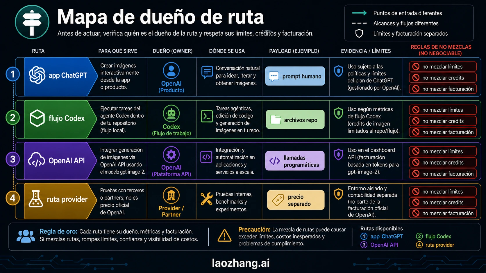 Mapa de propietarios de ruta: ChatGPT app, Codex workflow, OpenAI API y provider test route