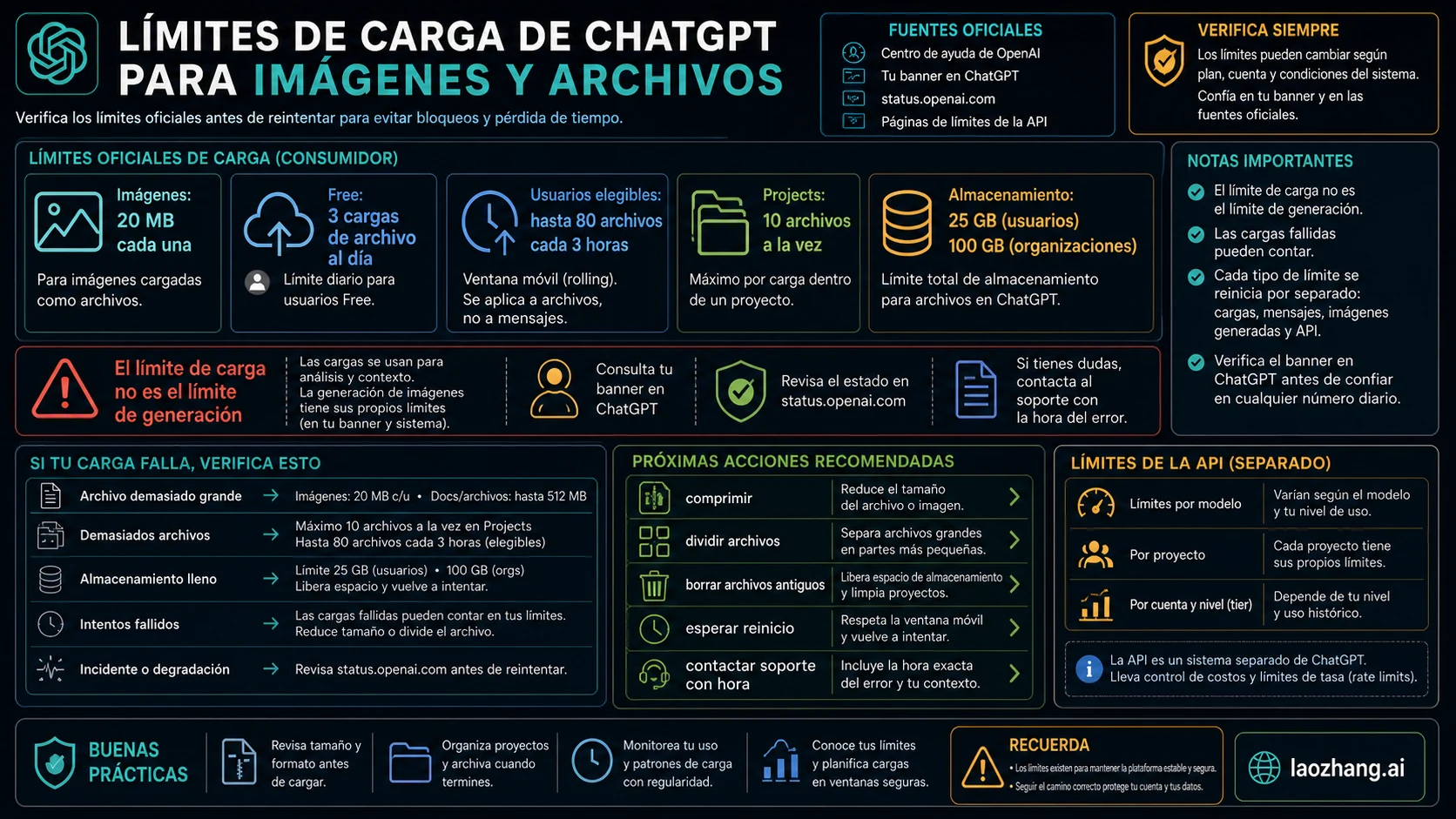 Panel de límites de carga en ChatGPT