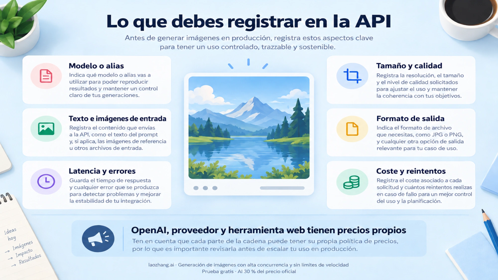 Datos que conviene registrar al generar imágenes por API y separación entre precios de OpenAI, proveedor y herramienta web