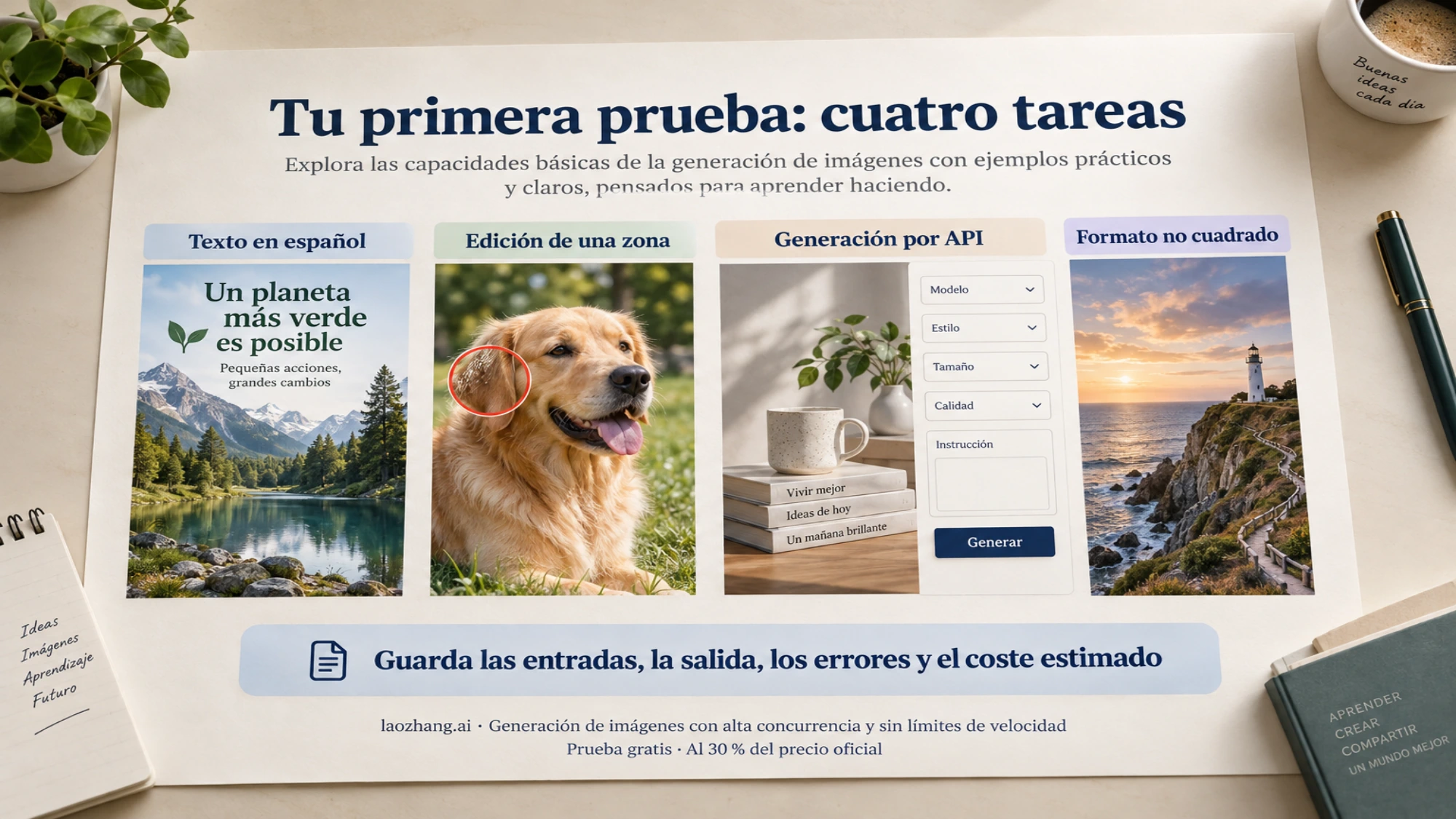 Cuatro pruebas iniciales: texto en español, edición localizada, generación por API y formato no cuadrado