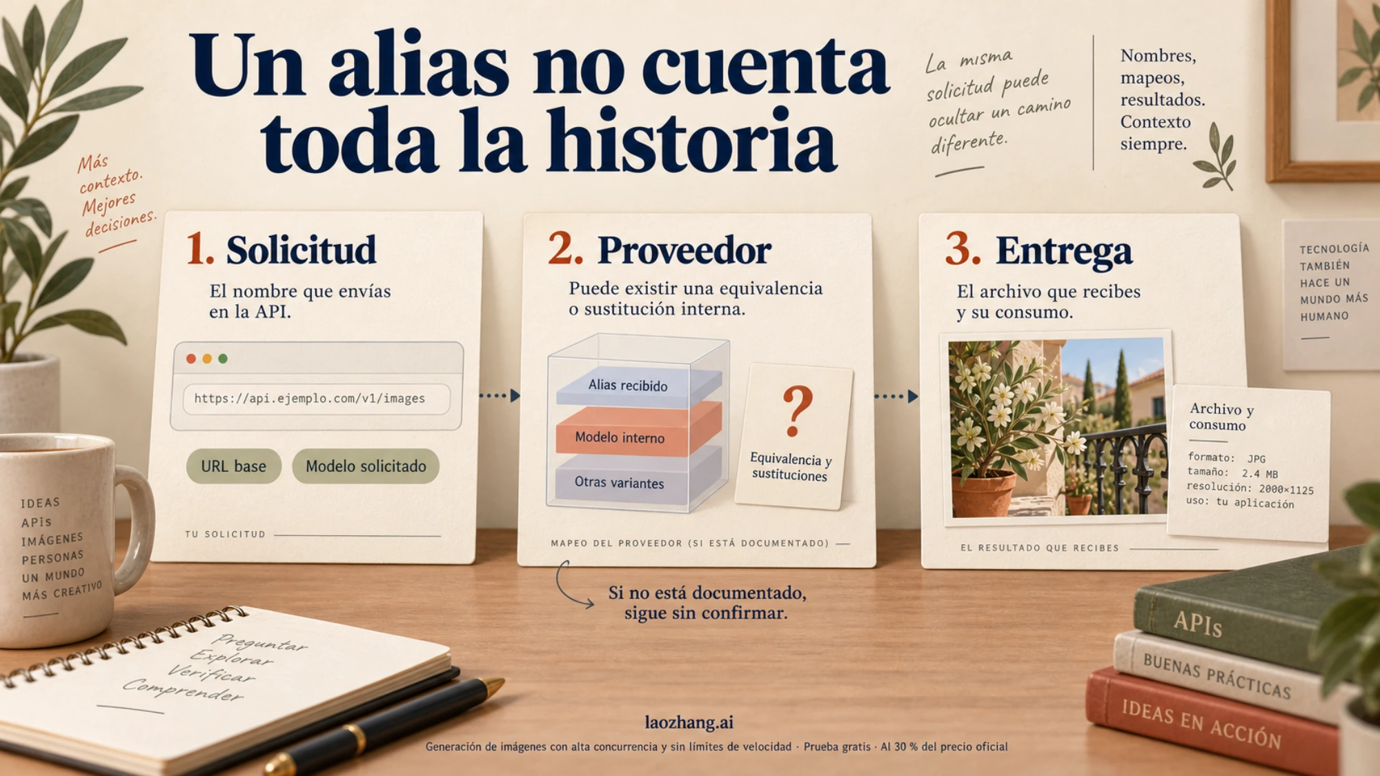 Tres tarjetas muestran la solicitud a la API, el modelo que utiliza el proveedor y la imagen recibida con la información de consumo