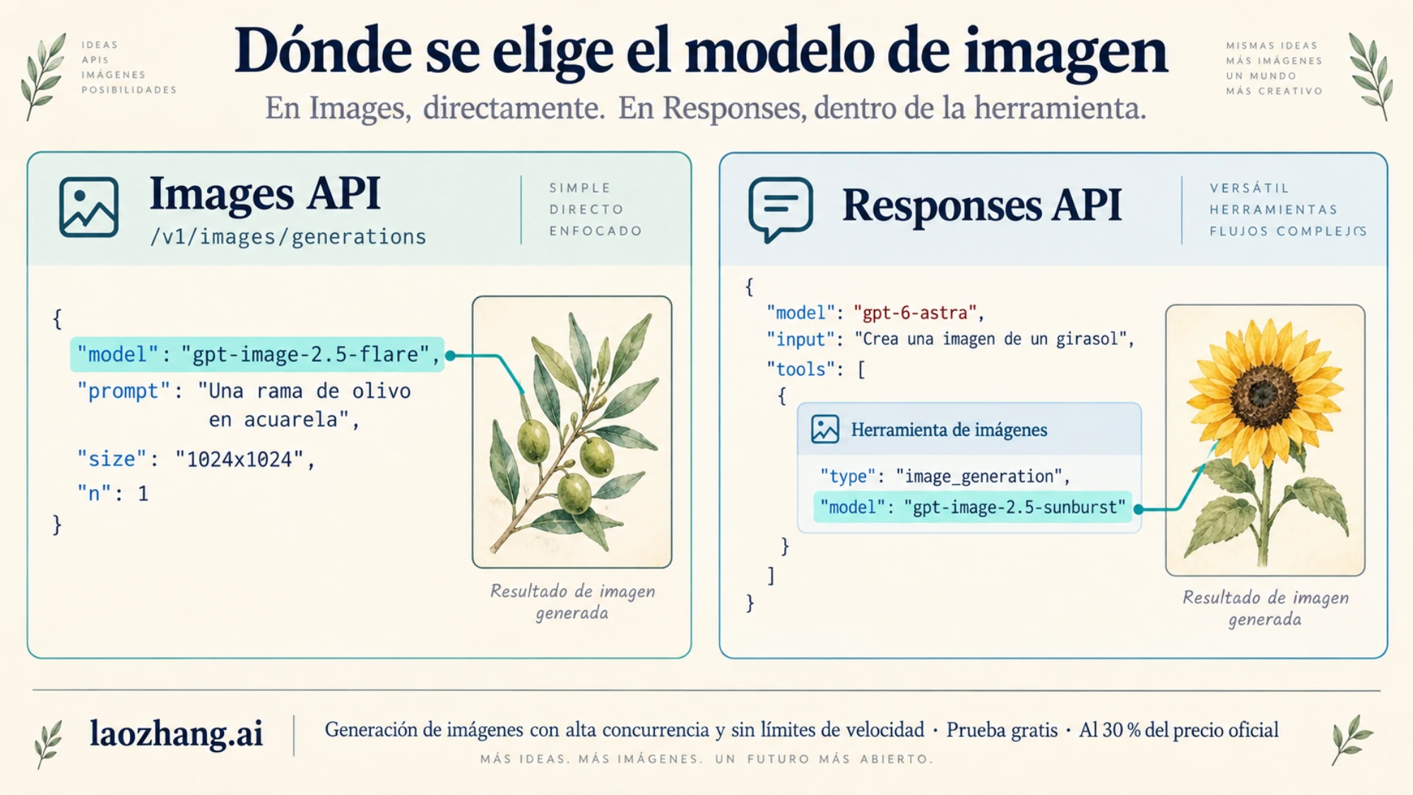 Dos solicitudes muestran el campo model de Images y el campo model dentro de la herramienta de imágenes de Responses