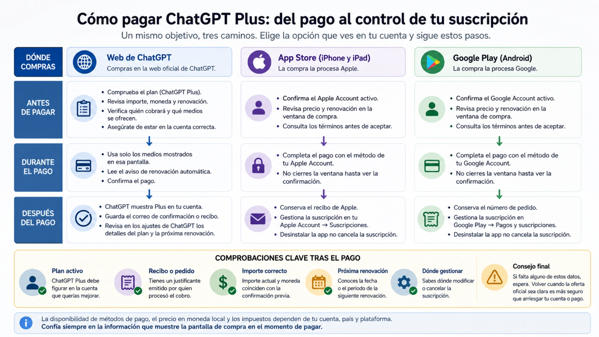 Comprobación del plan, importe, renovación, responsable del cobro y cuenta del recibo