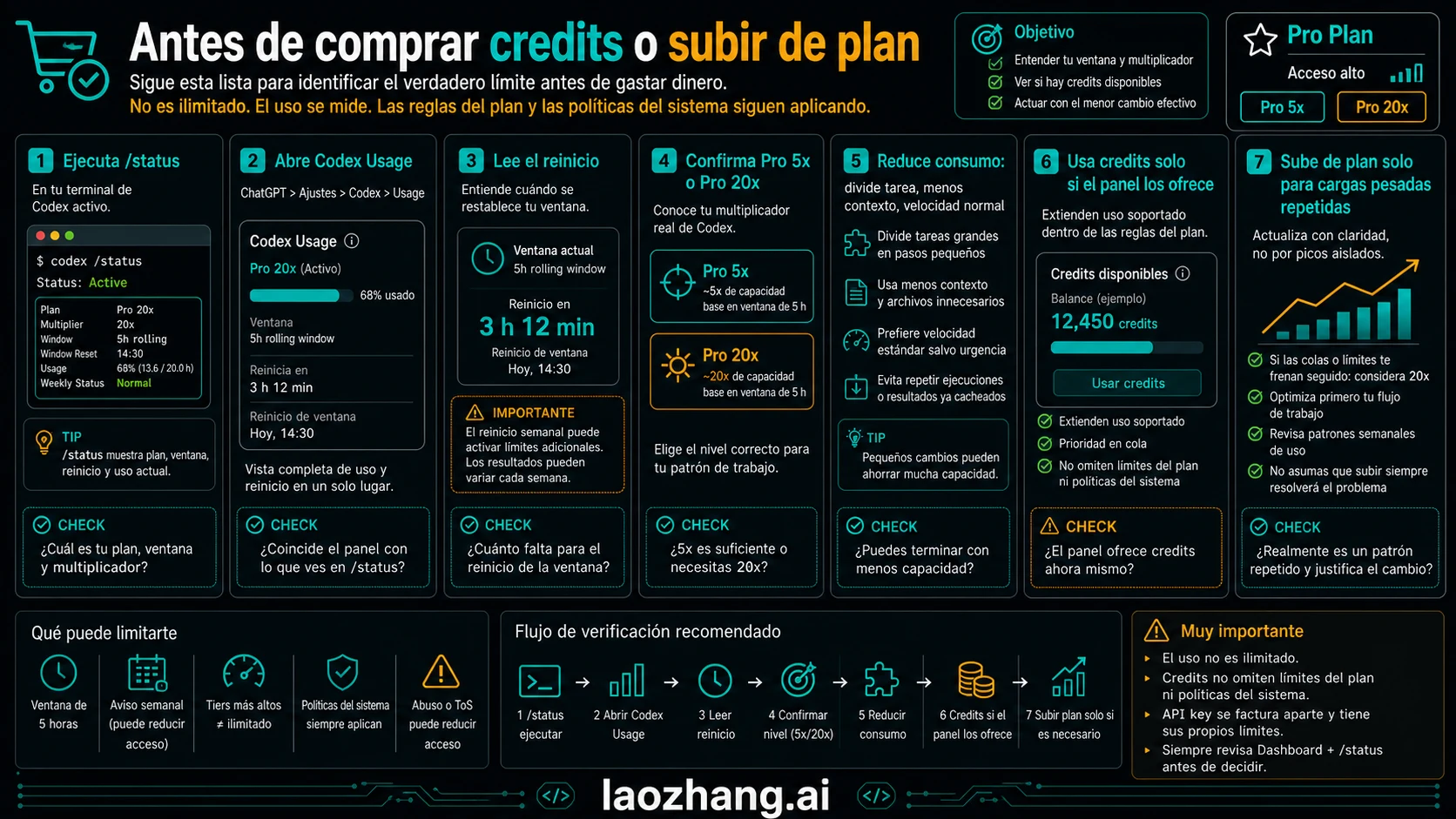 Localized preflight checklist for ChatGPT Pro Codex showing model choice, fast mode, cloud work, review usage, weekly pressure, and reset checks