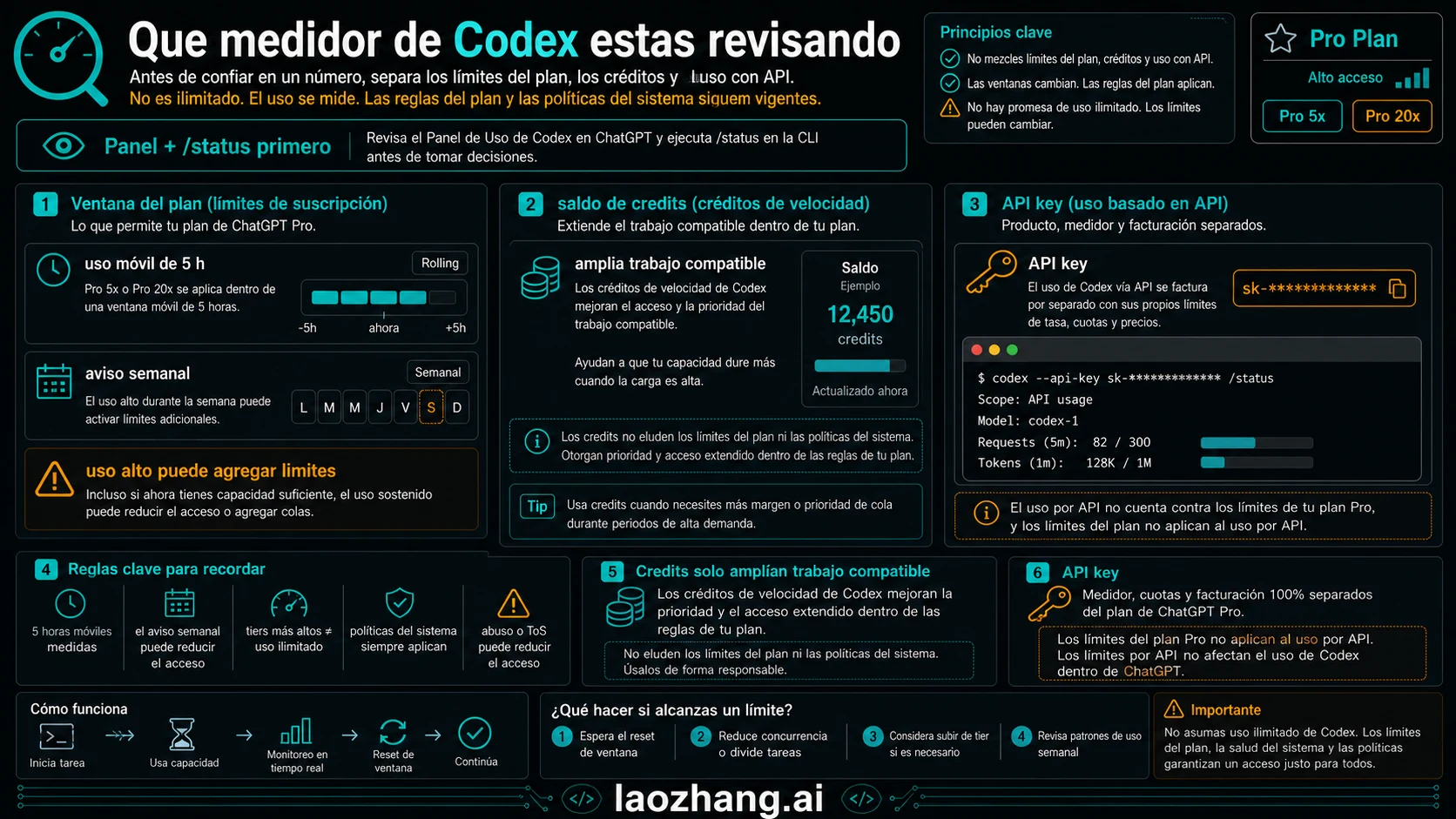 Localized usage meter visual for ChatGPT Pro Codex showing dashboard, /status, weekly watch, credits, and API key lanes