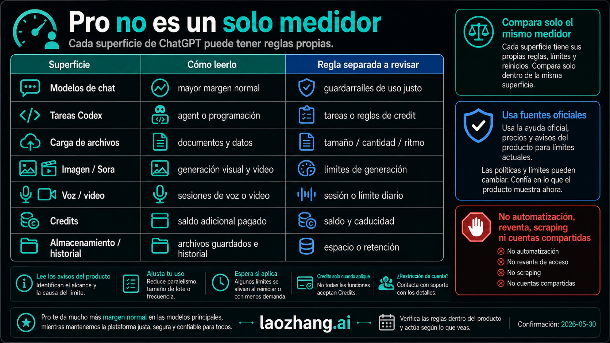 Las funciones de ChatGPT Pro usan medidores separados y no deben reducirse a una sola cuota