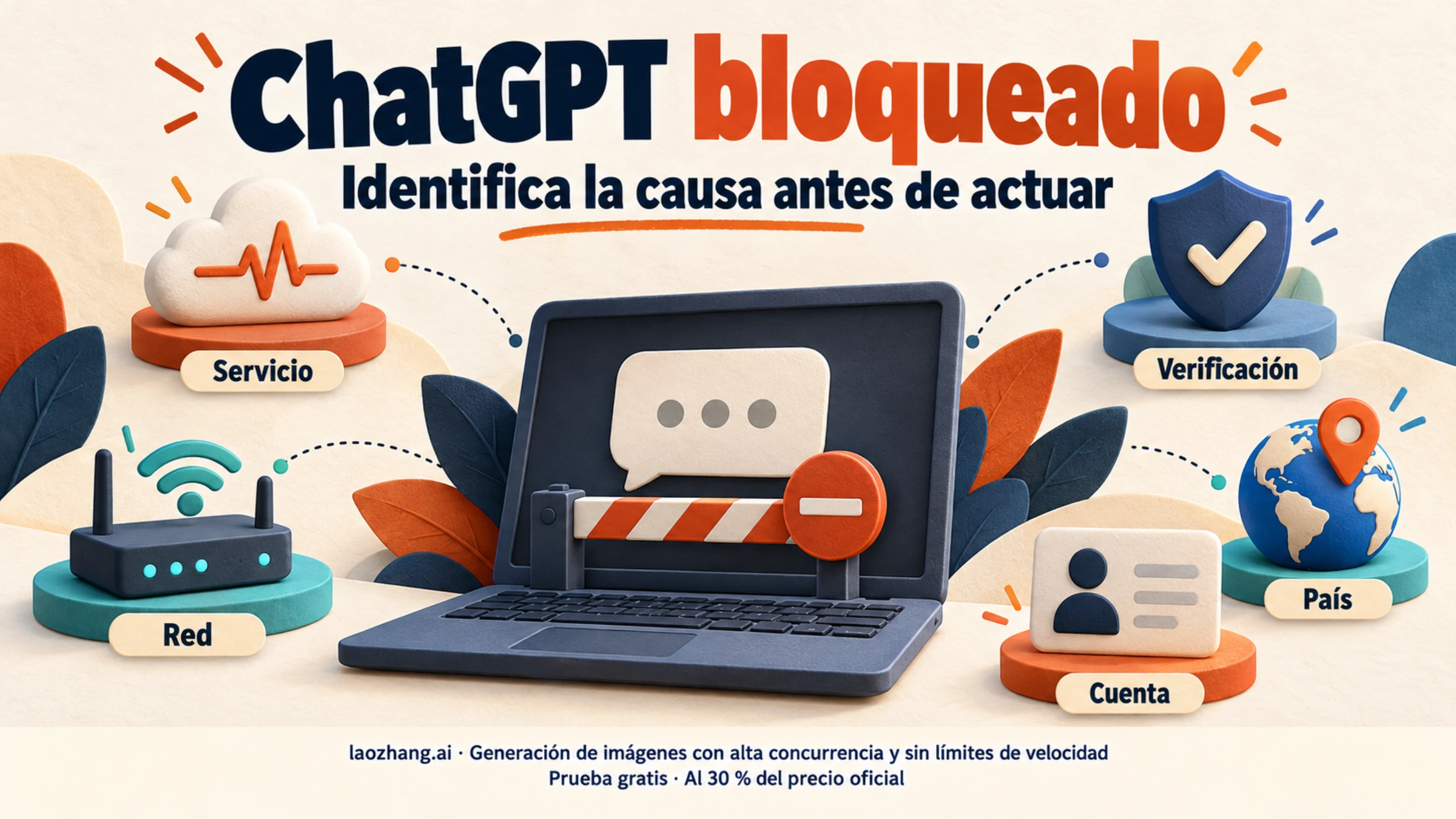 Ilustración conceptual de las causas de bloqueo de ChatGPT: servicio, red, verificación, país y cuenta