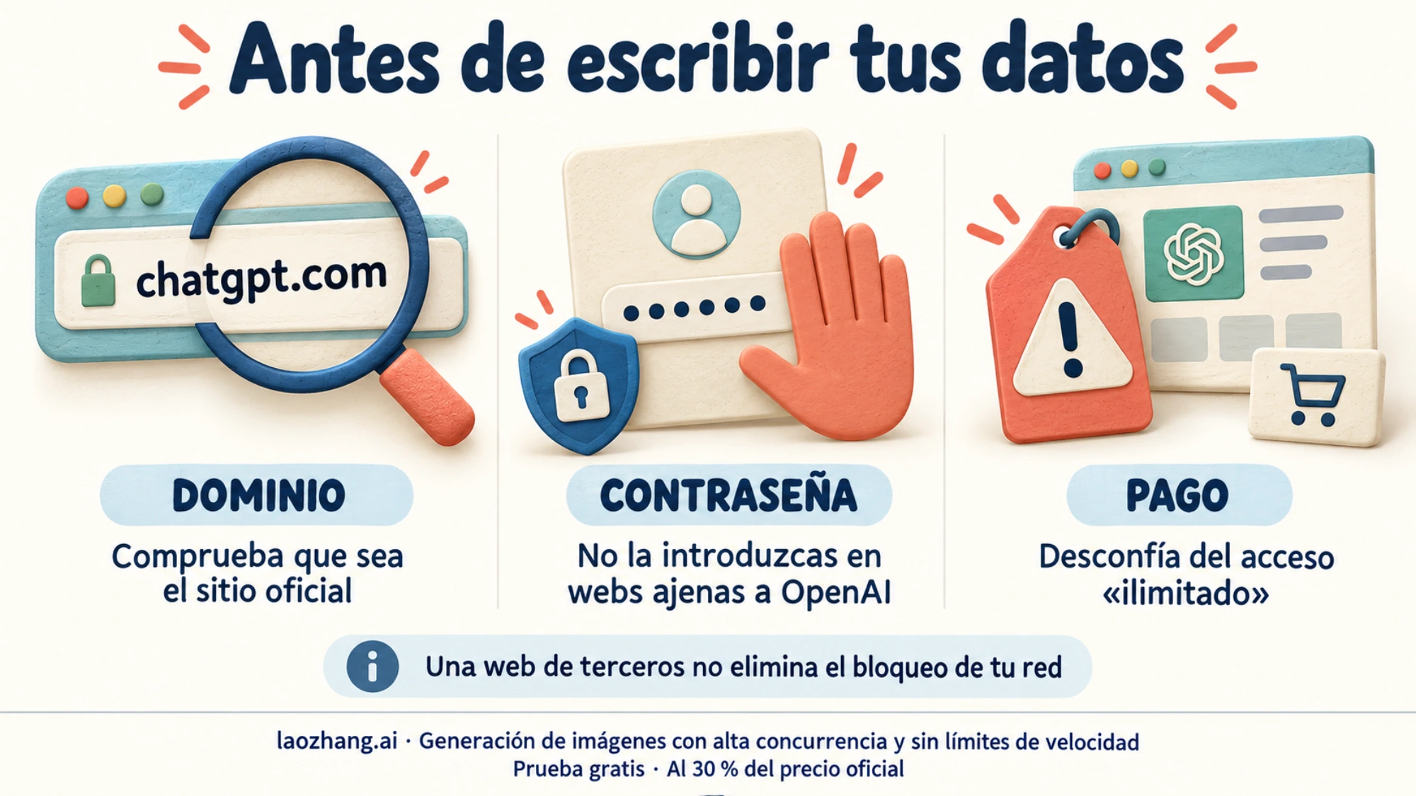 Ilustración conceptual de tres comprobaciones ante webs de ChatGPT no oficiales: dominio, contraseña y promesas de pago ilimitado