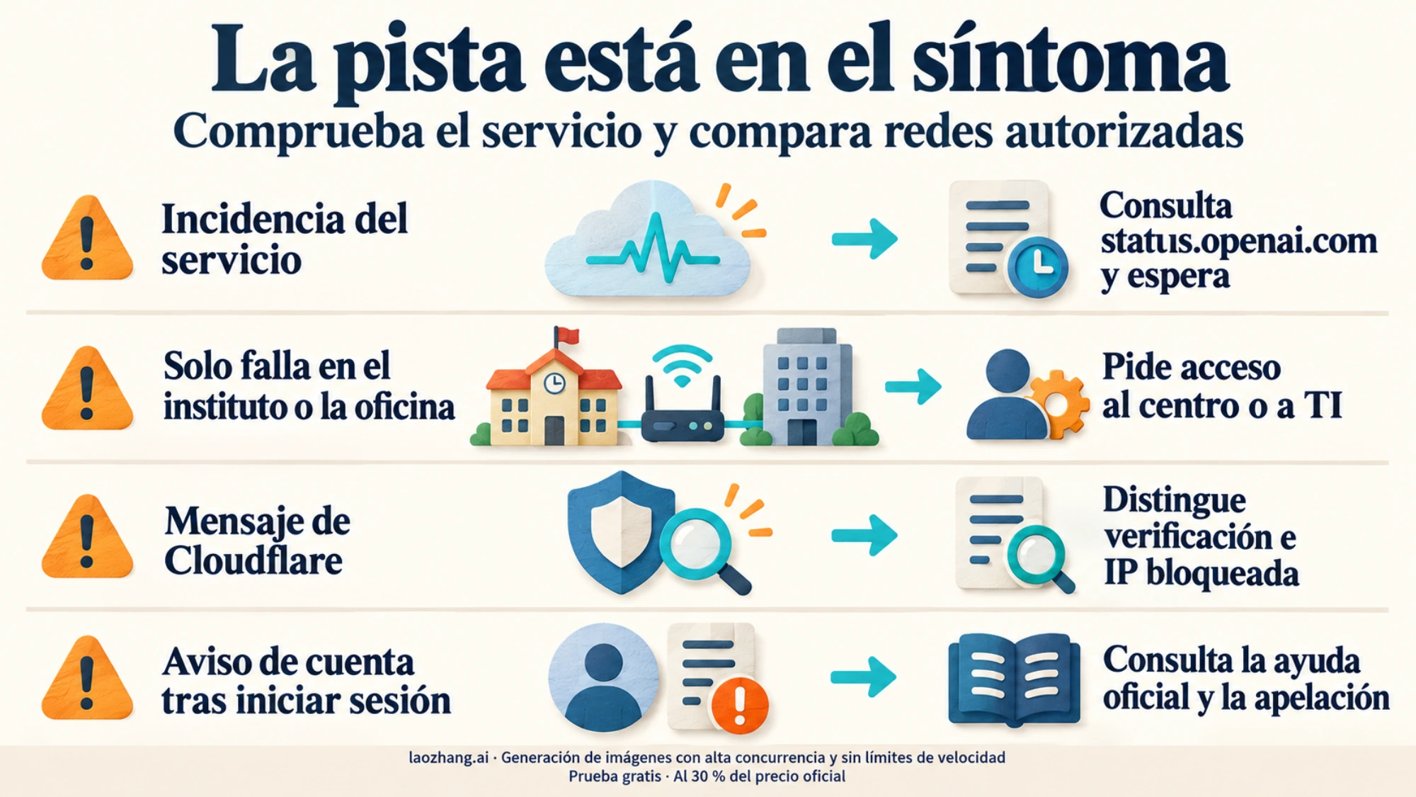 Guía visual conceptual que relaciona incidencias del servicio, filtros de red, mensajes de Cloudflare y avisos de cuenta con el siguiente paso