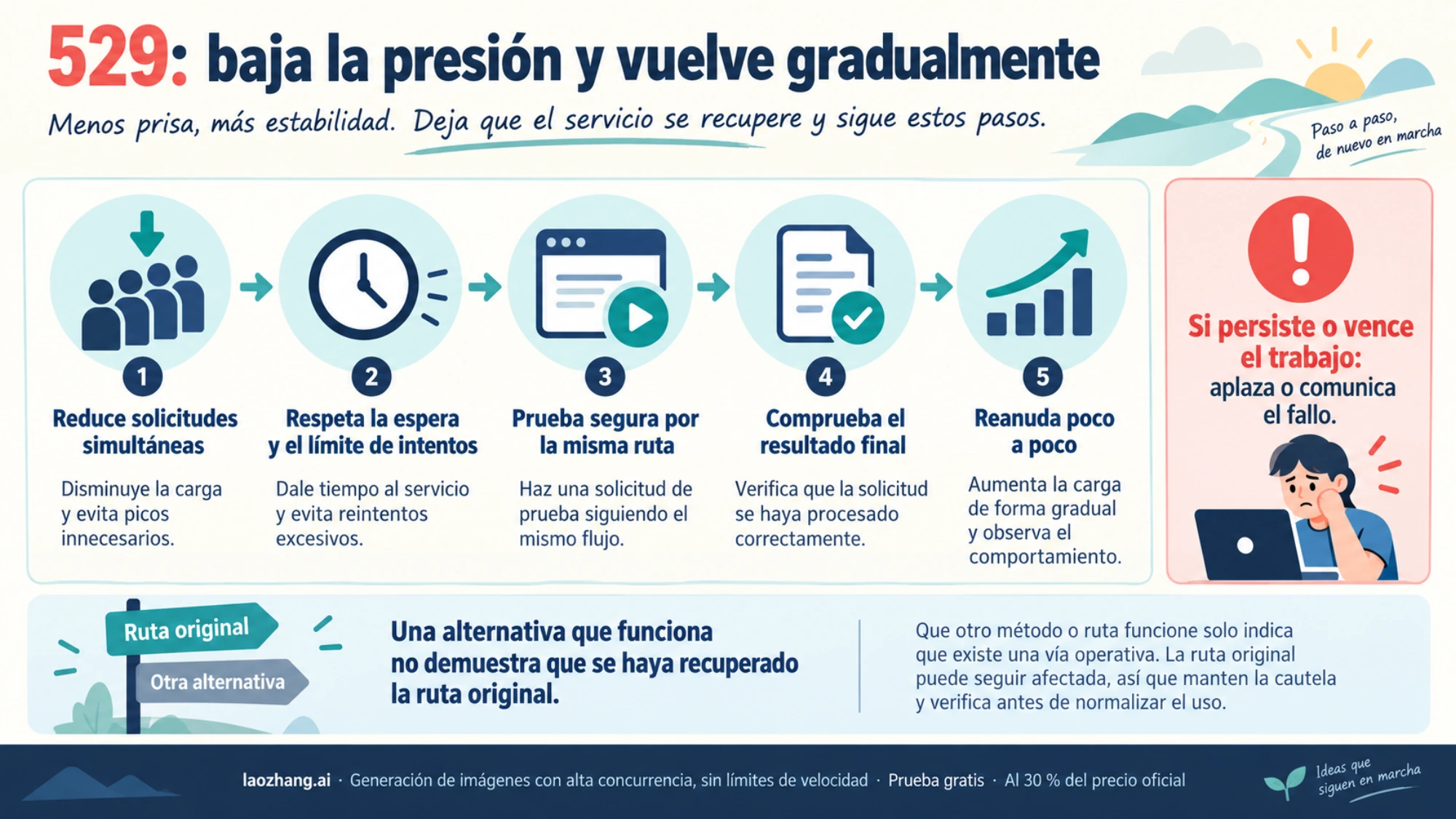 Reducción de concurrencia, espera acotada y prueba de la misma ruta antes de reanudar tras un 529