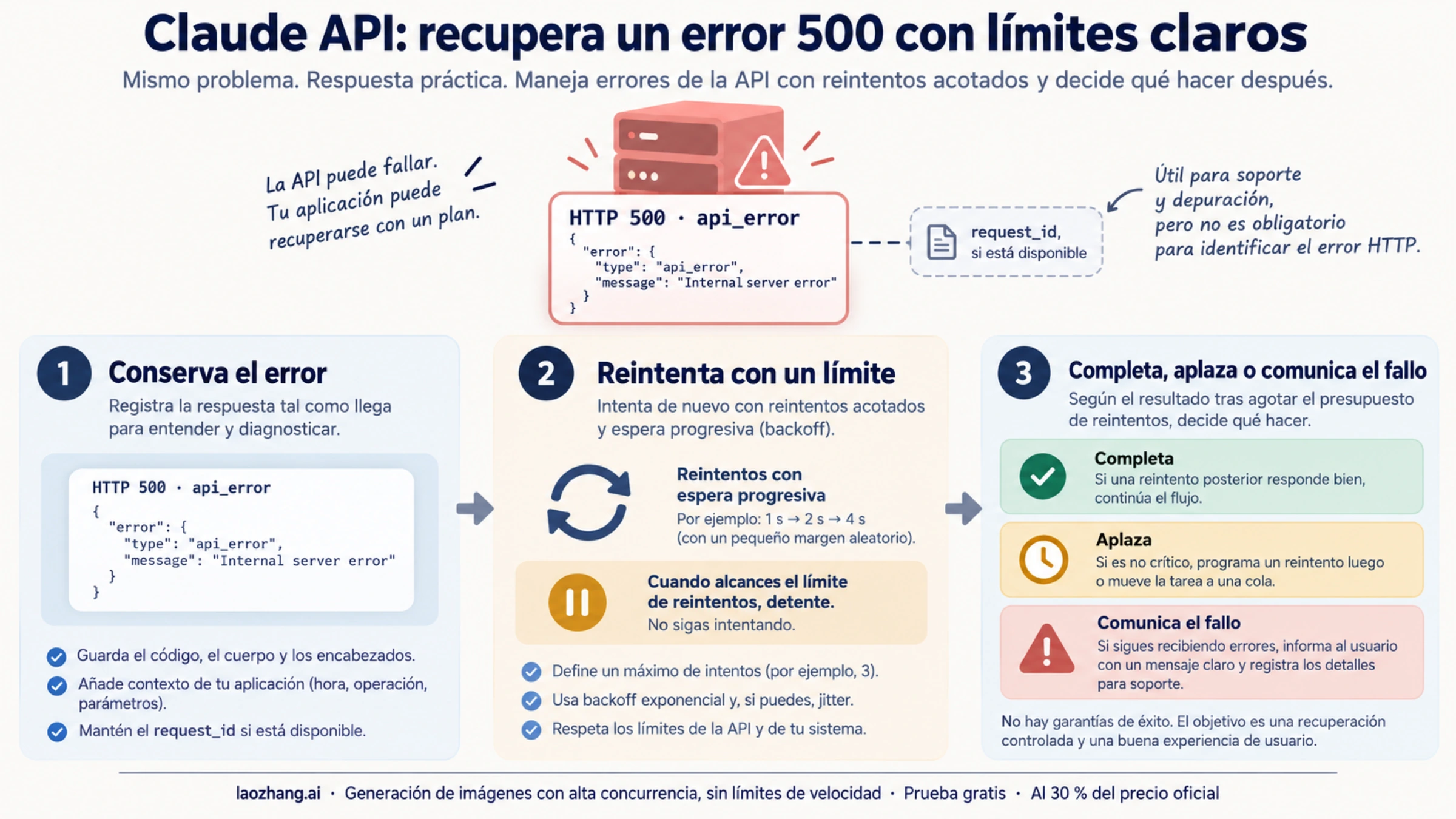 Error 500 de Claude API con conservación de evidencia y reintentos limitados