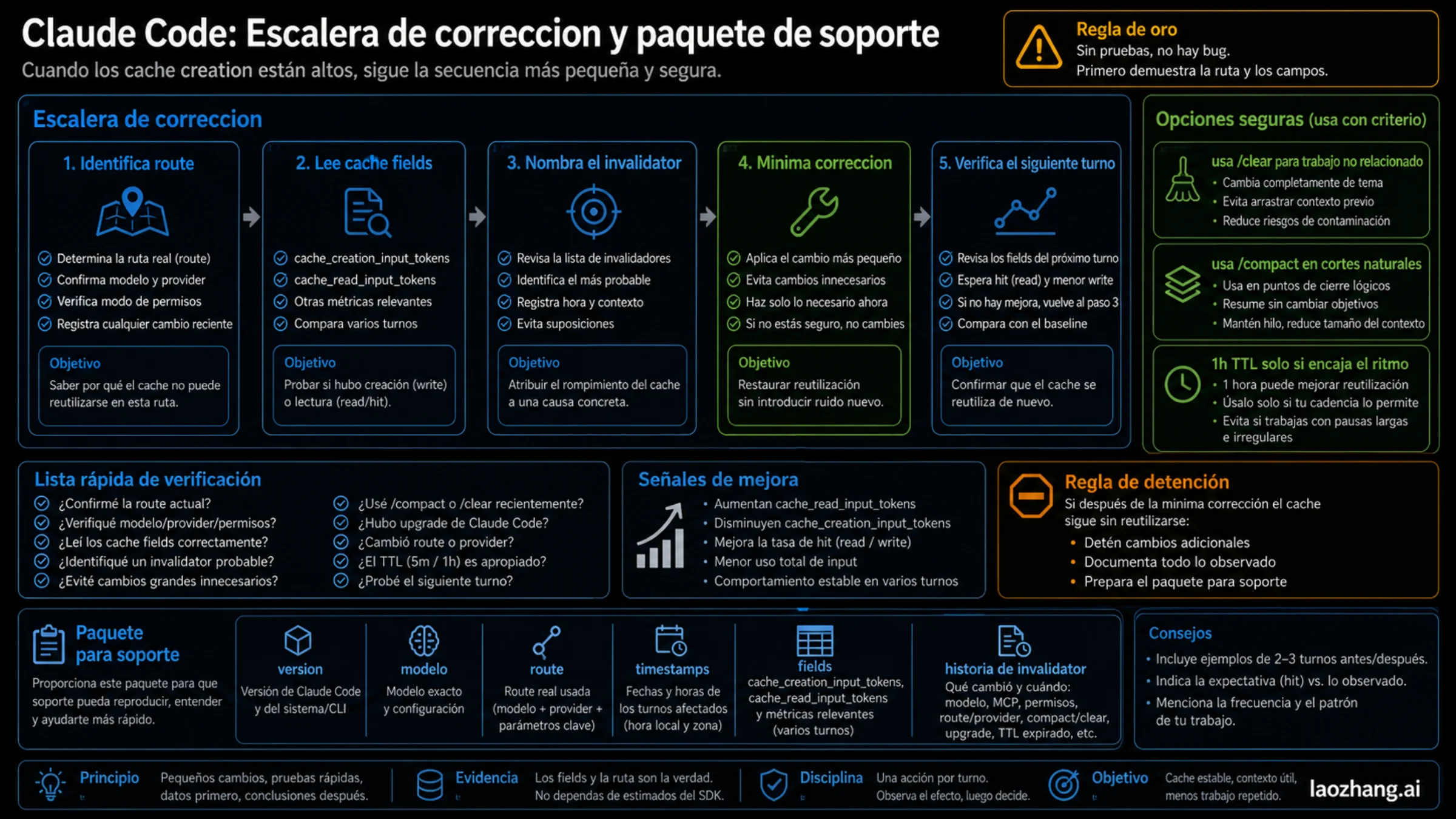 Escalera de correccion de Claude Code cache miss y paquete de soporte