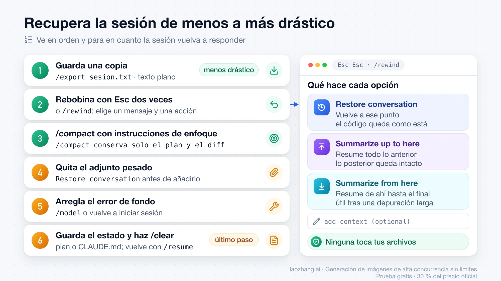 Seis pasos para recuperar la sesión de Claude Code tras un error al compactar, junto a lo que hace cada opción del menú de rebobinado