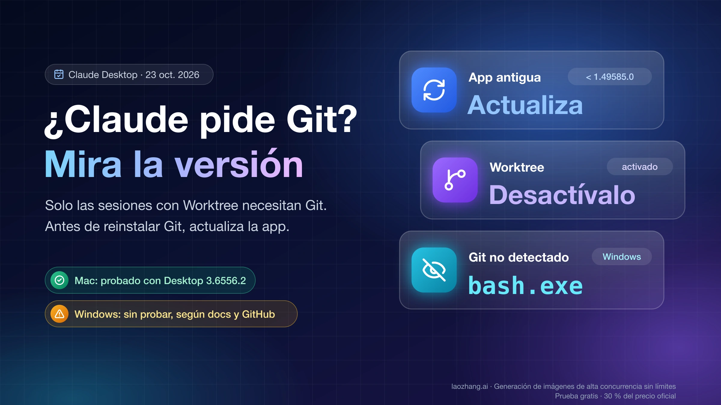 Si Claude Desktop pide Git, mira la versión: actualiza si es anterior a la 1.49585.0, desactiva Worktree o apunta a bash.exe en Windows